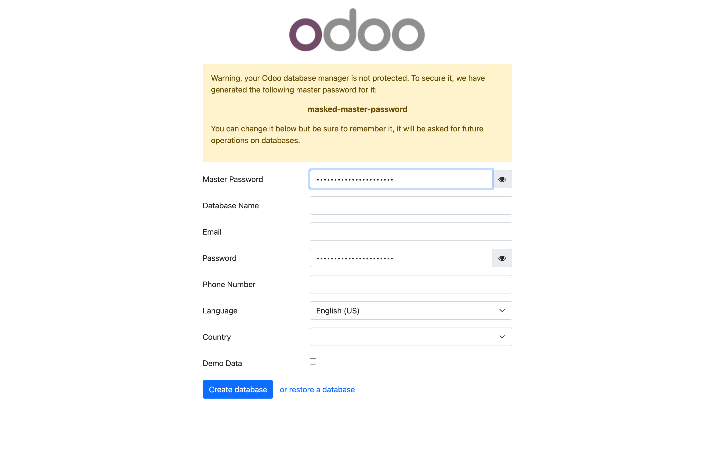 The deployed Odoo database manager loaded in a browser with generated secrets masked