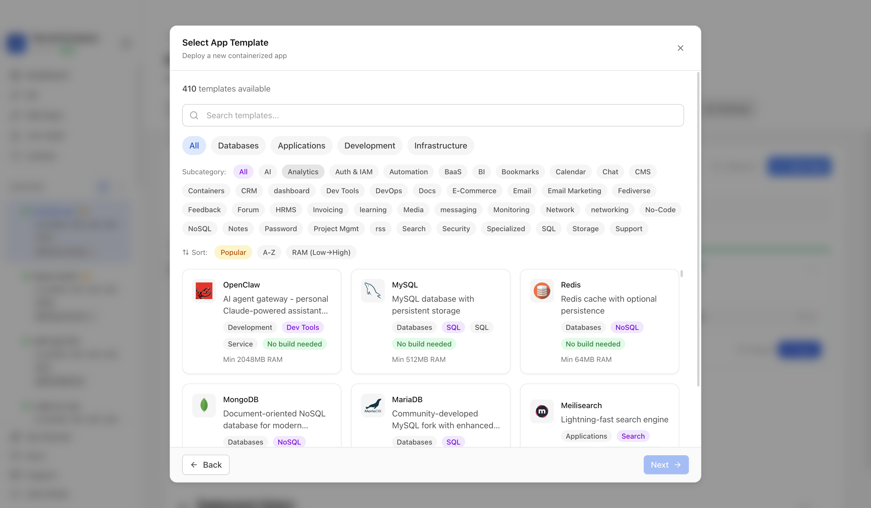 Choosing to deploy an app from a Server Compass template