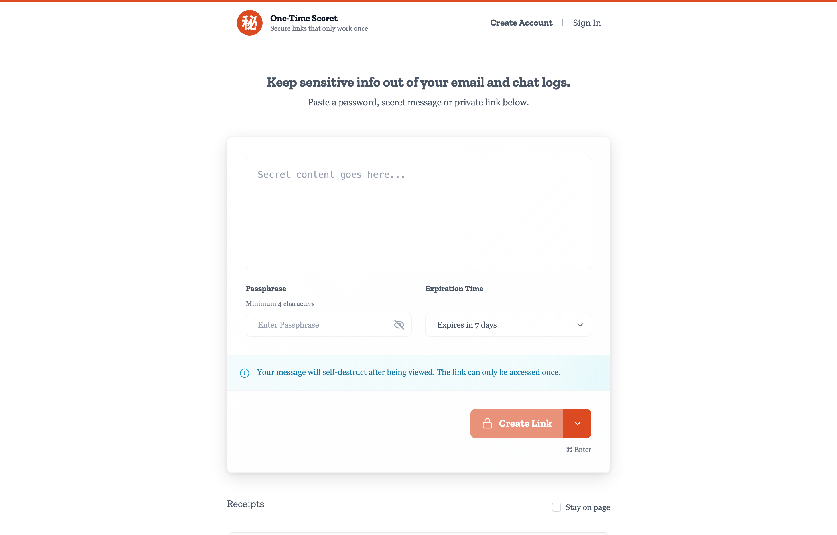 The deployed Onetime Secret web UI loaded in a browser