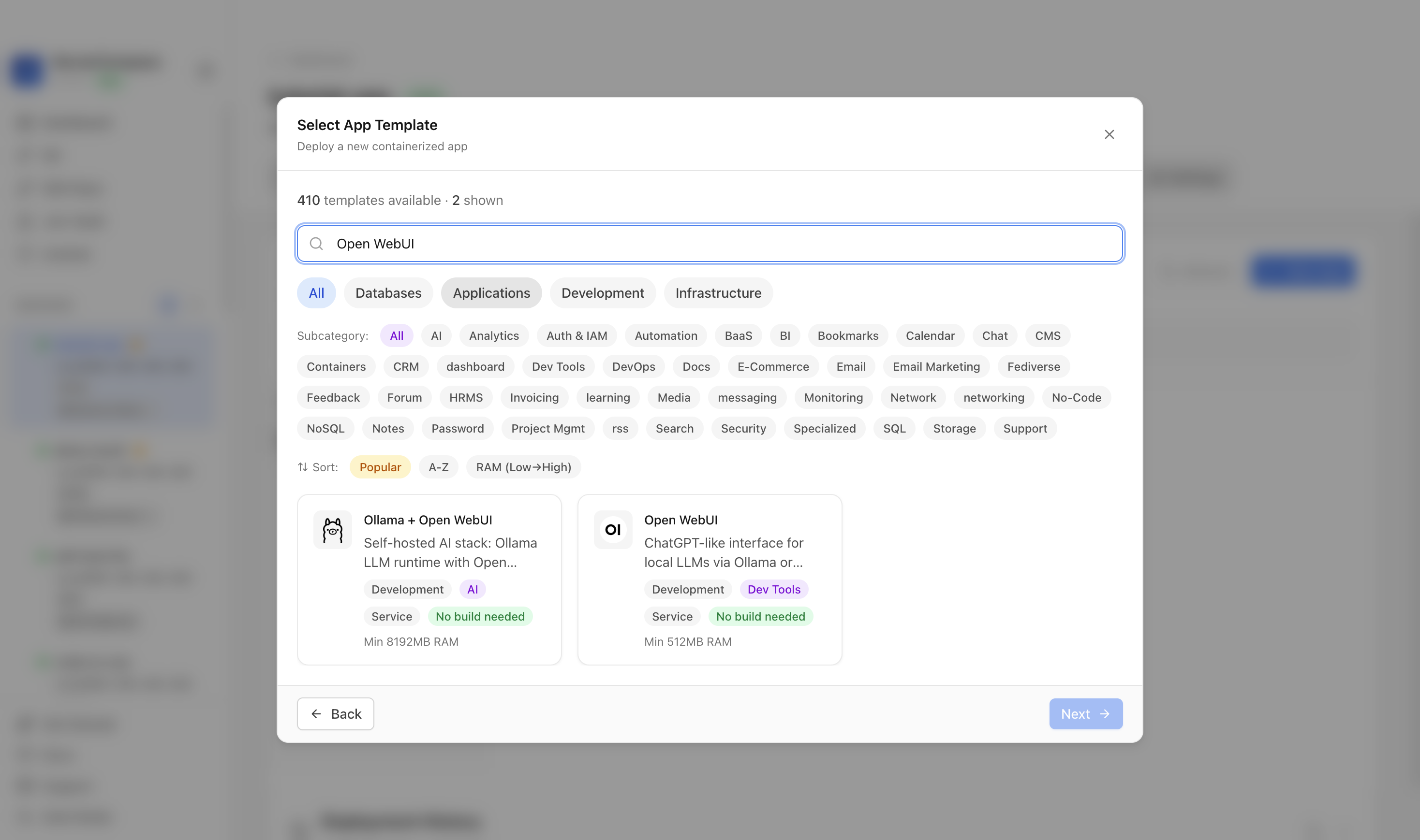 Searching for Open WebUI in the Server Compass template picker