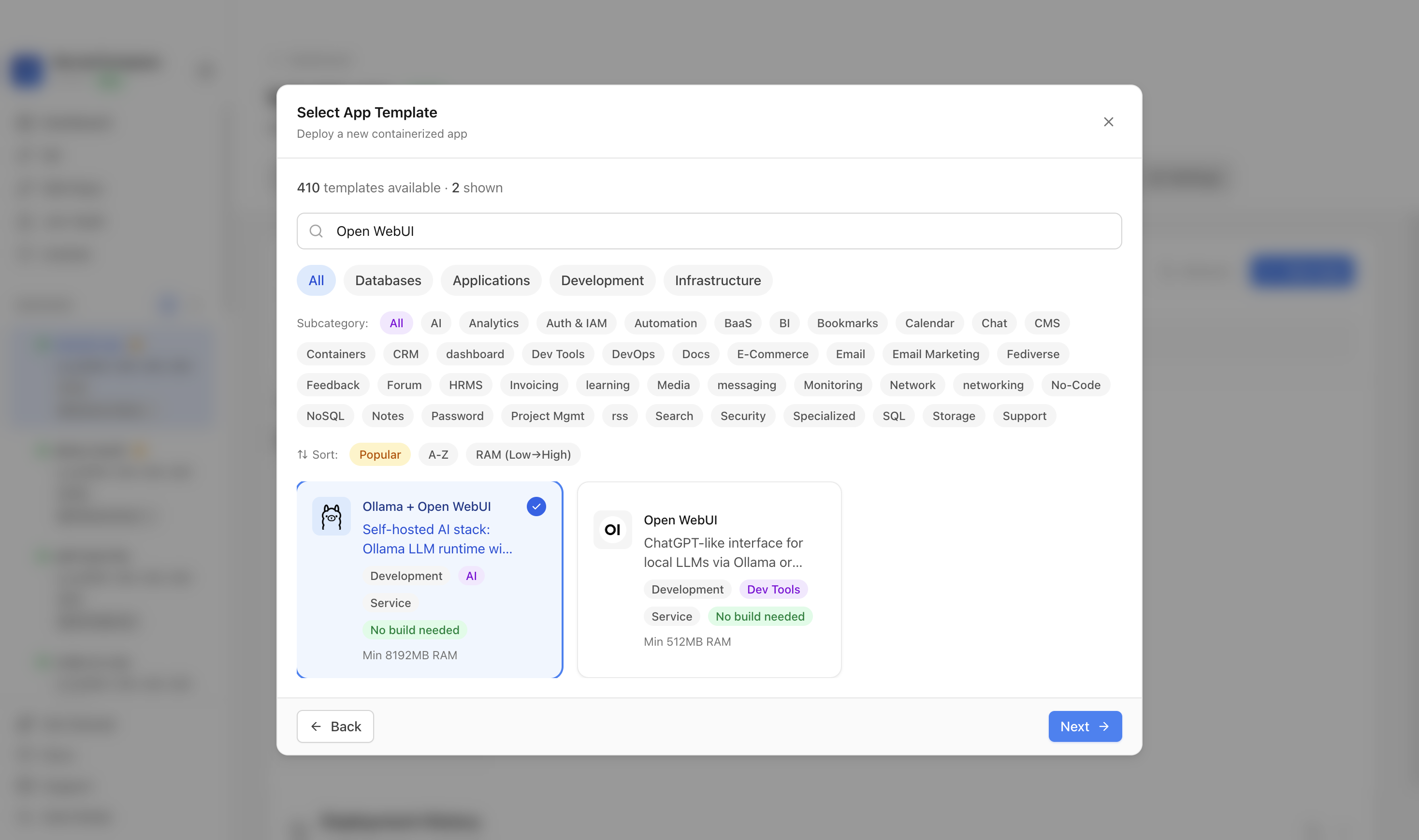 Open WebUI template selected in Server Compass