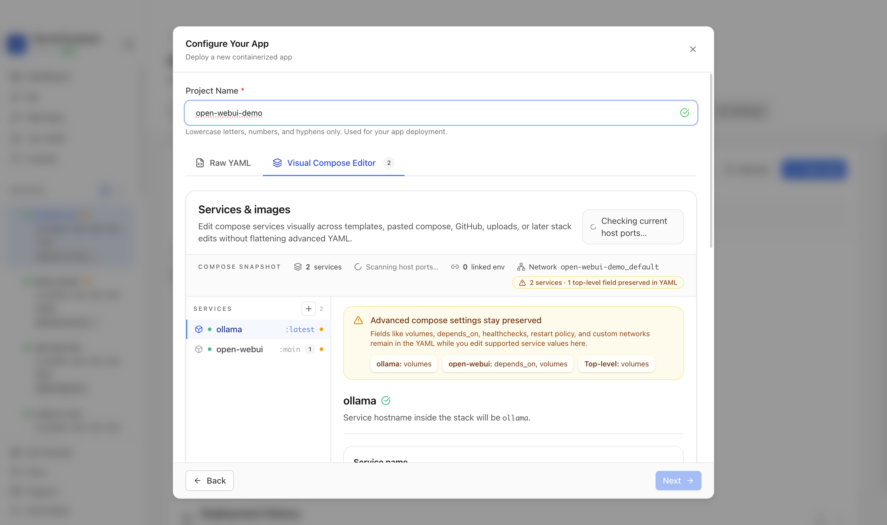 Reviewing Open WebUI project settings and compose services