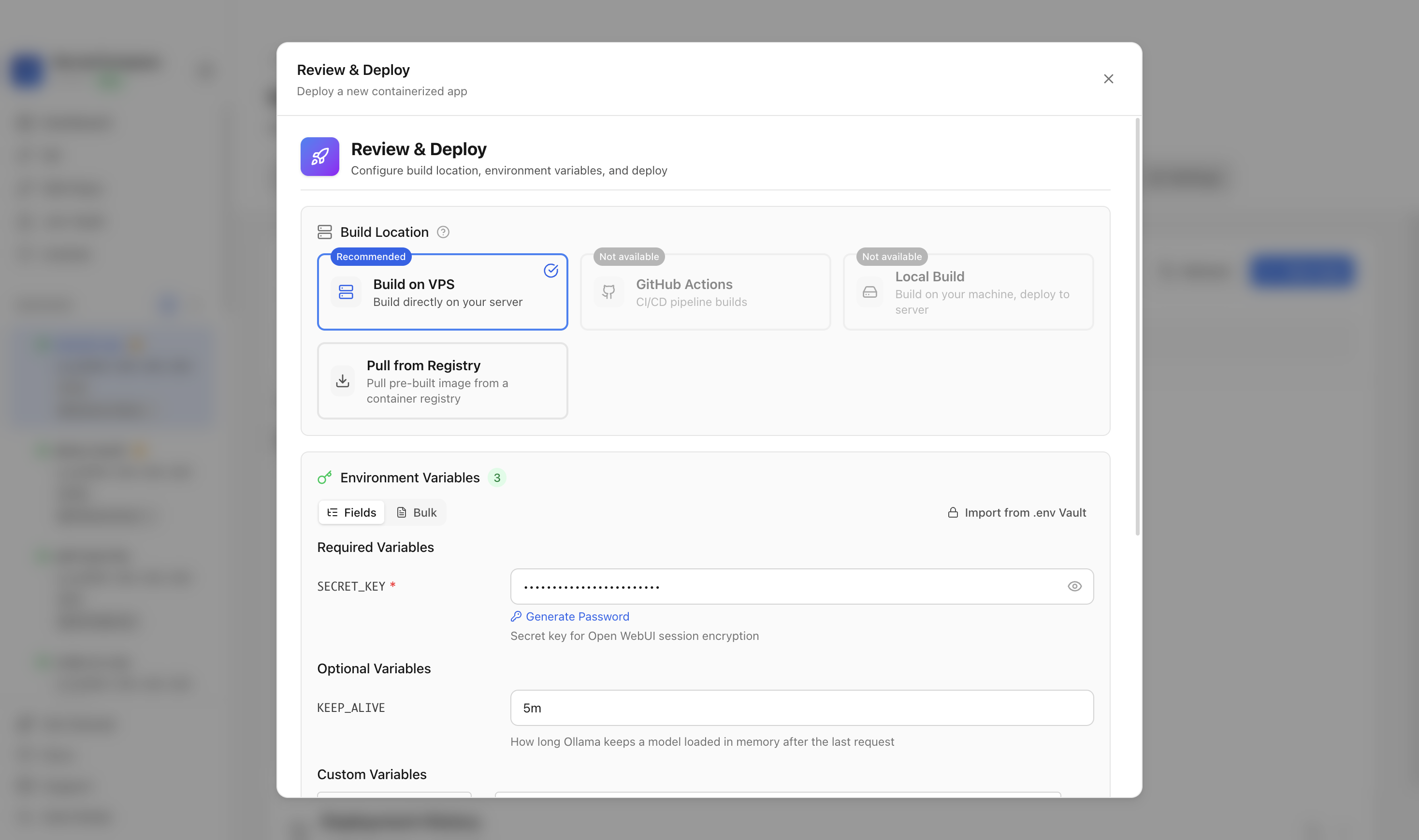 Reviewing Open WebUI environment variables and port before deployment