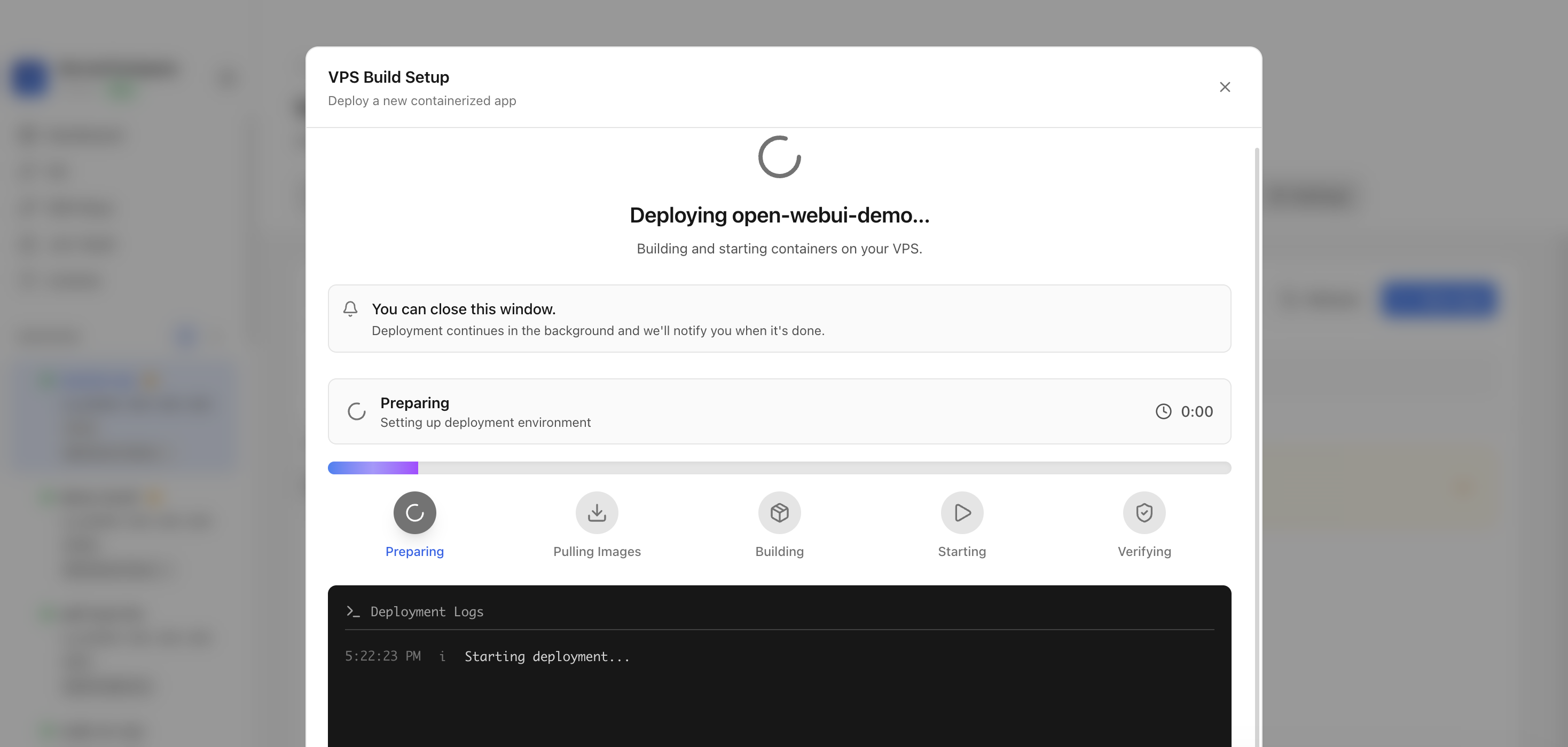Server Compass deploying the Open WebUI template on the VPS