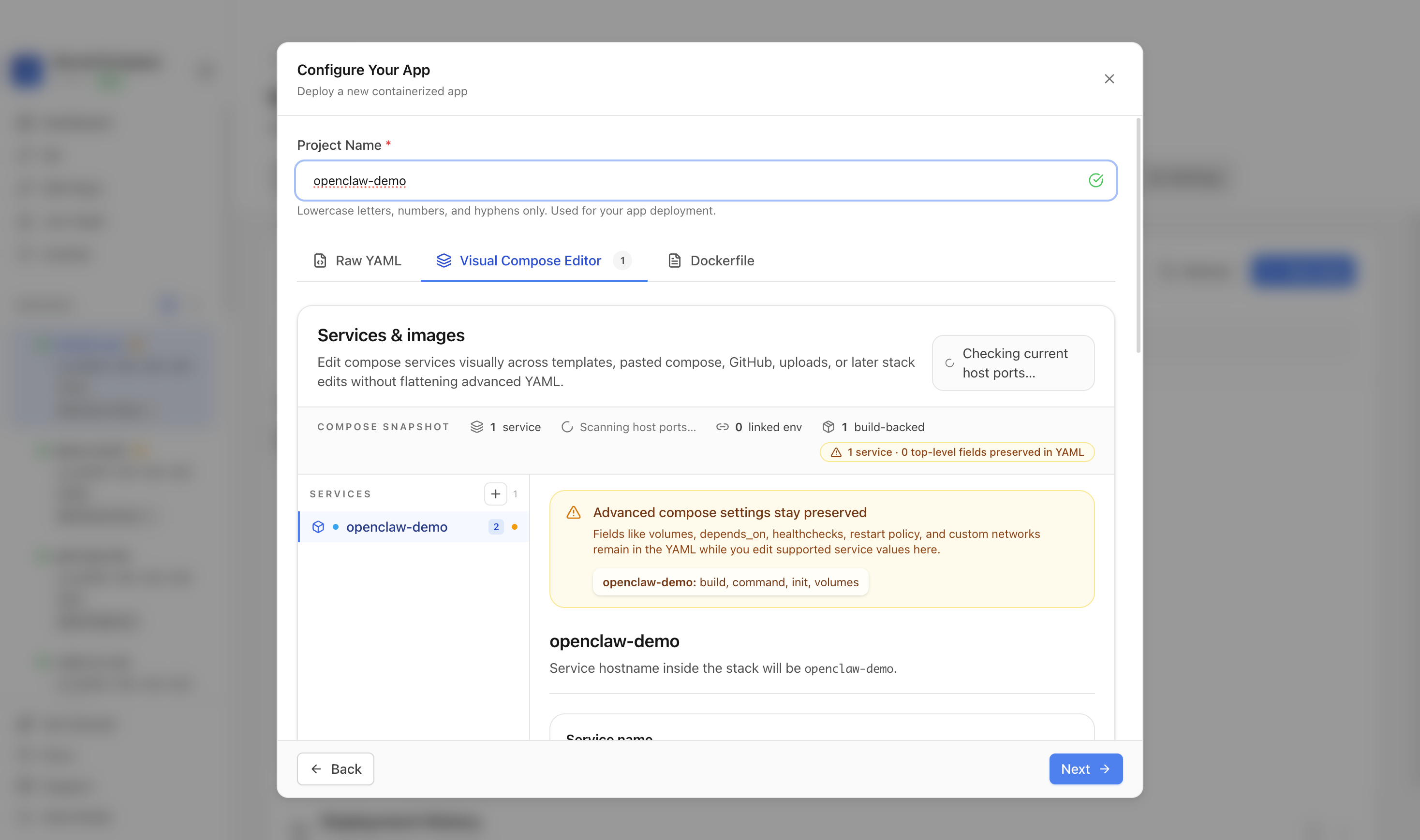 Reviewing OpenClaw project settings and compose services
