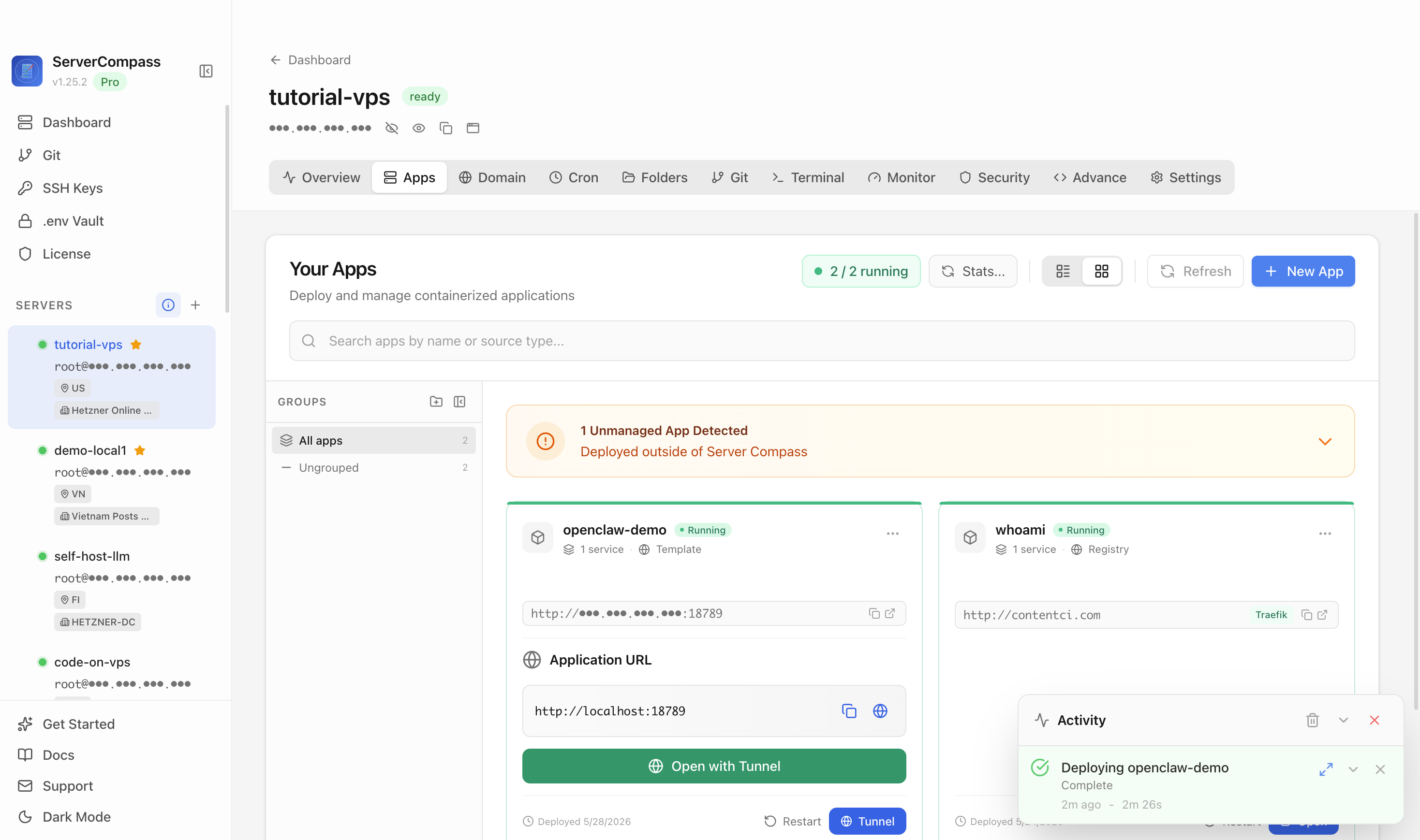 OpenClaw template running in the Server Compass Apps tab