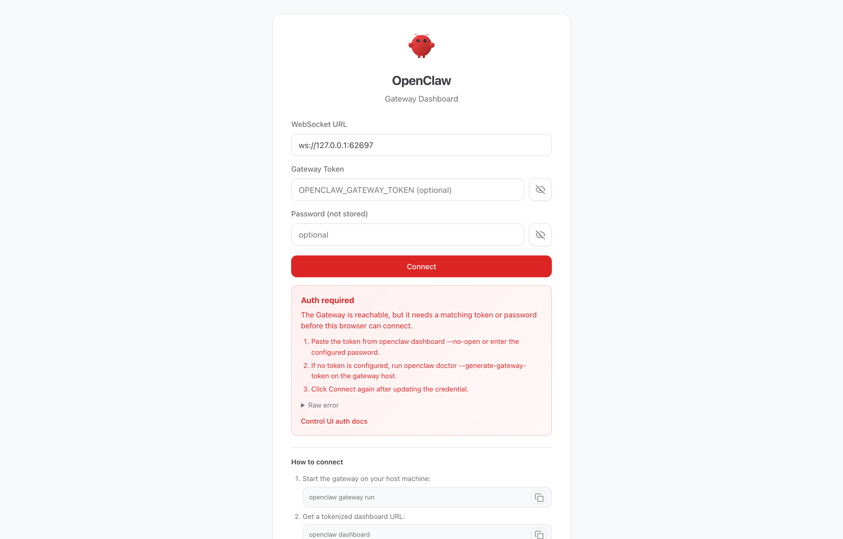 The deployed OpenClaw gateway UI loaded through an SSH tunnel in a browser