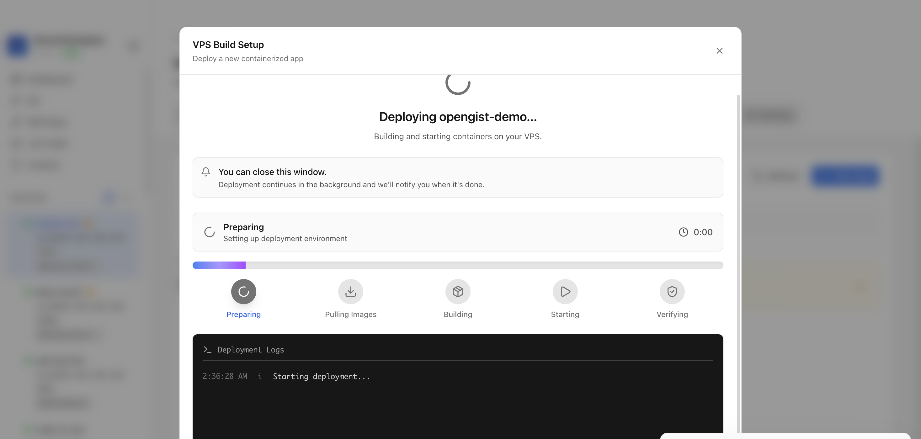 Server Compass deploying the Opengist template on the VPS