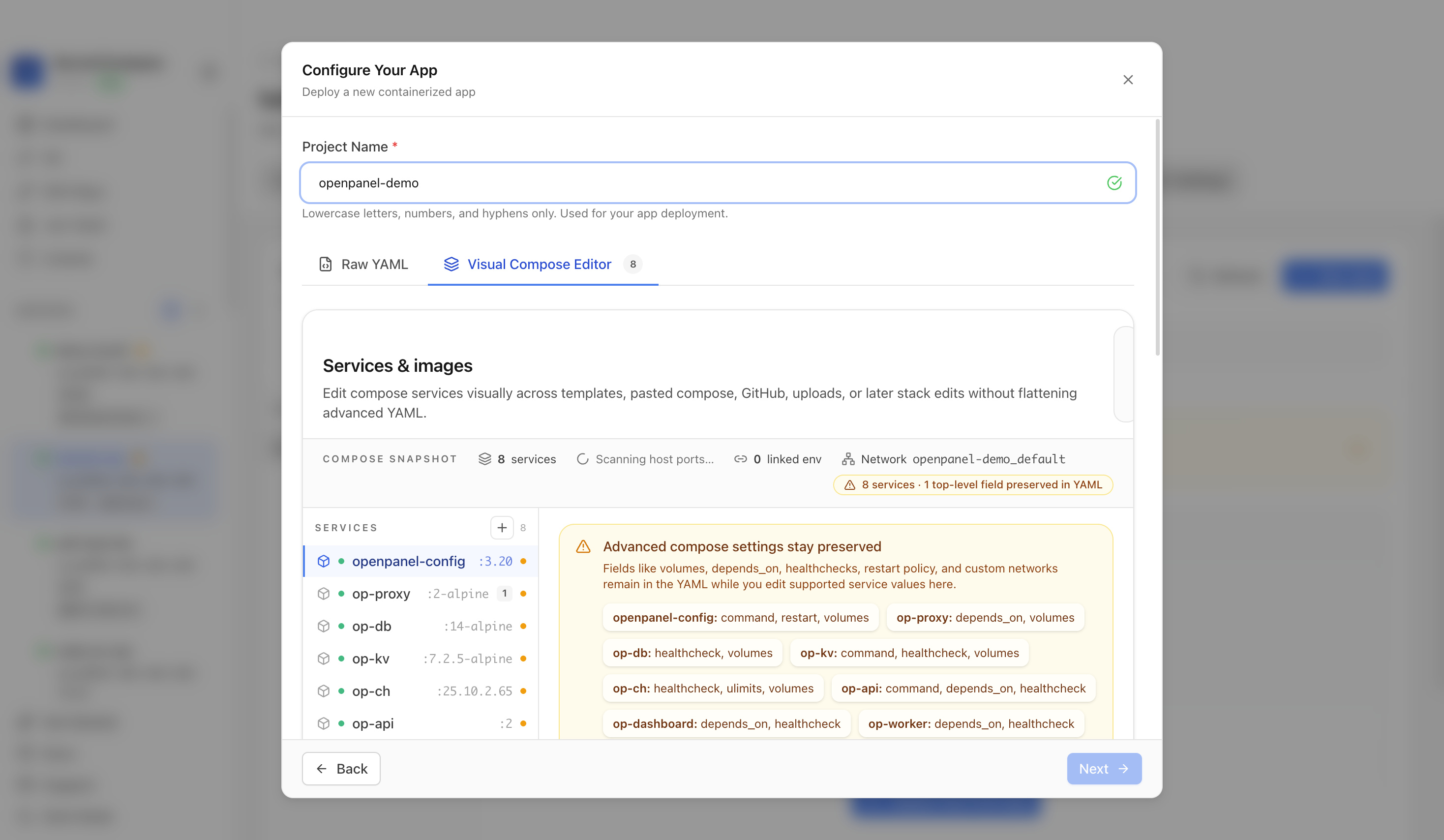 Reviewing OpenPanel project settings and compose service