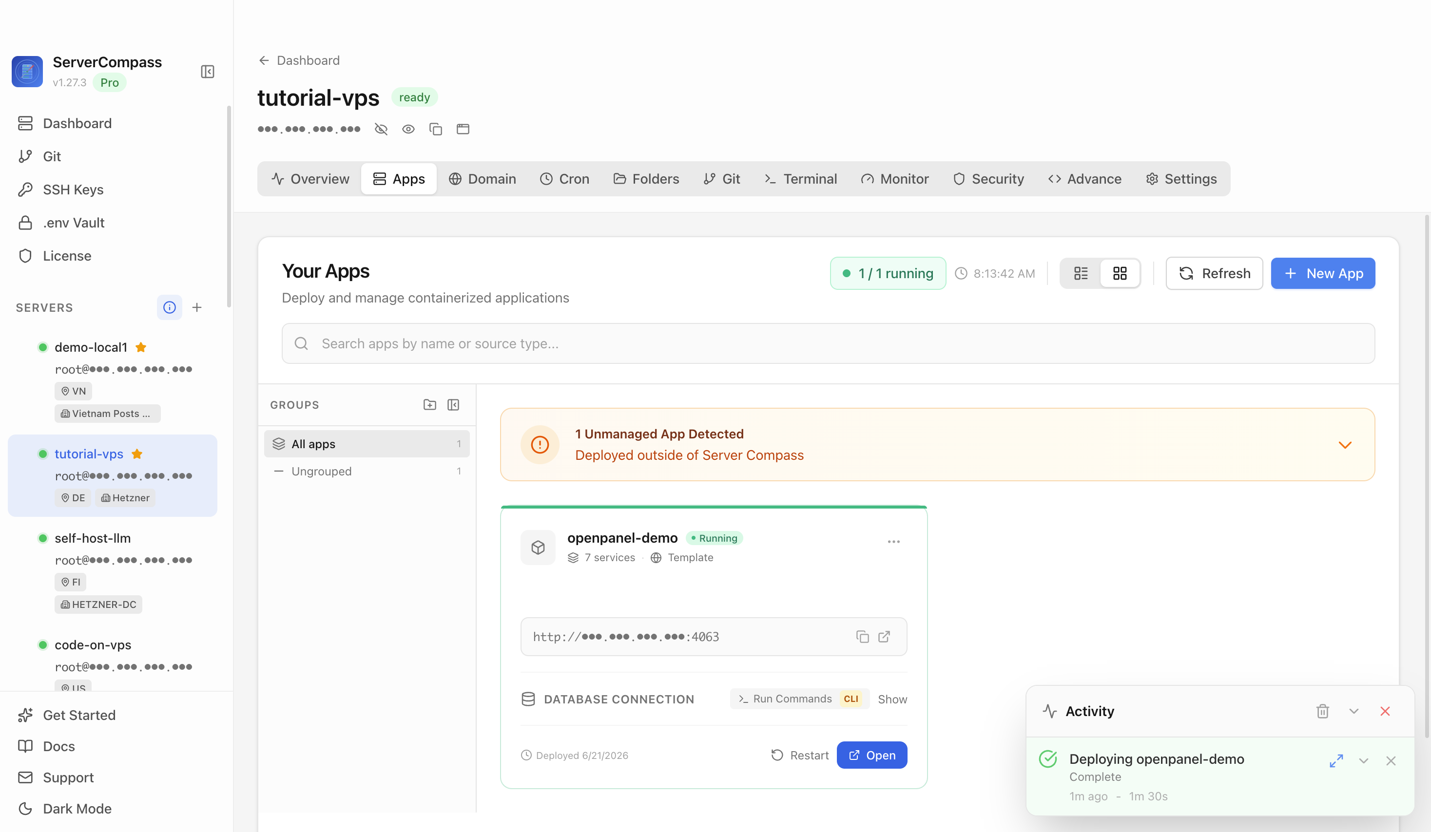 OpenPanel template running in the Server Compass Apps tab