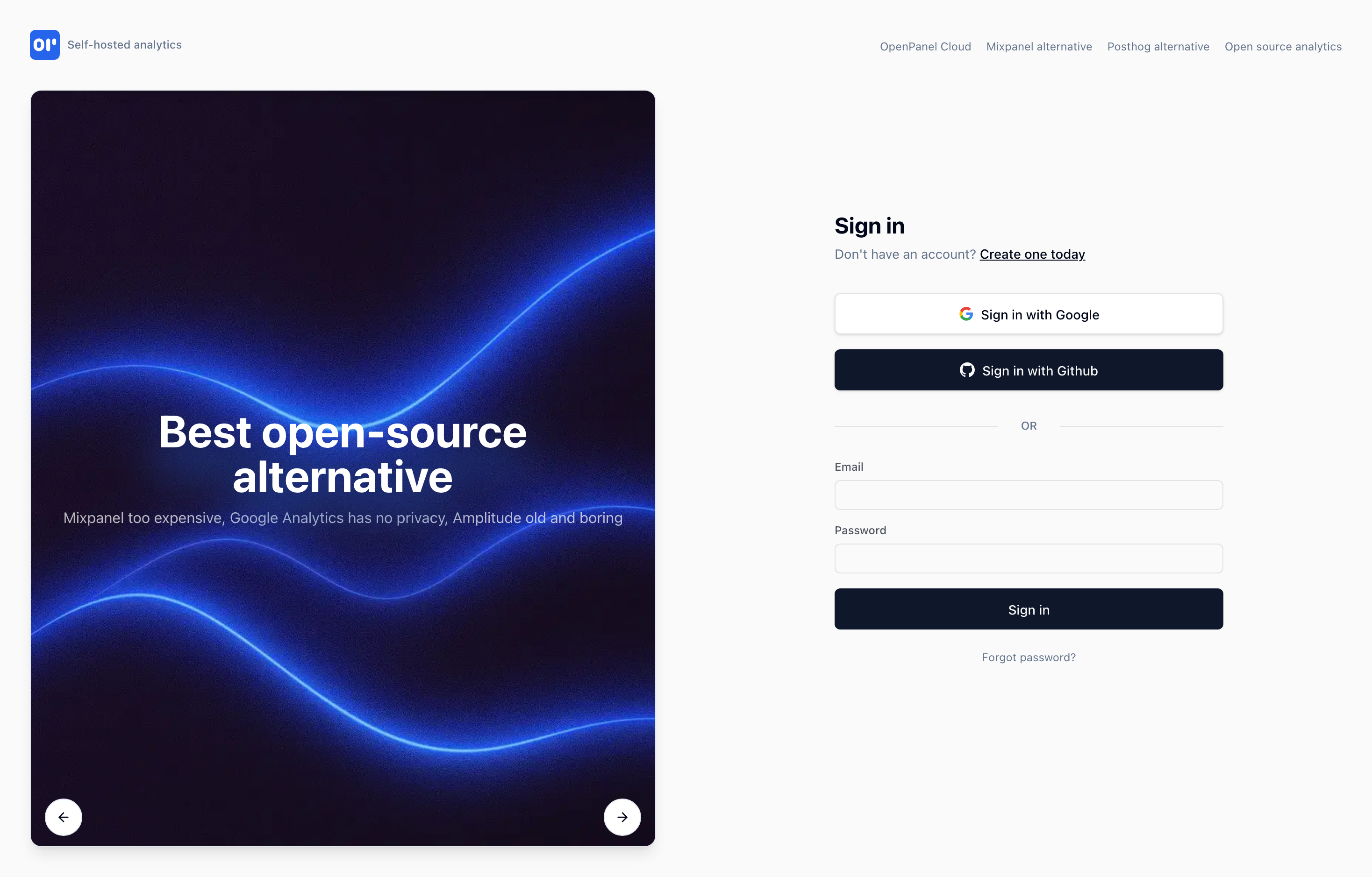 The deployed OpenPanel web UI loaded in a browser