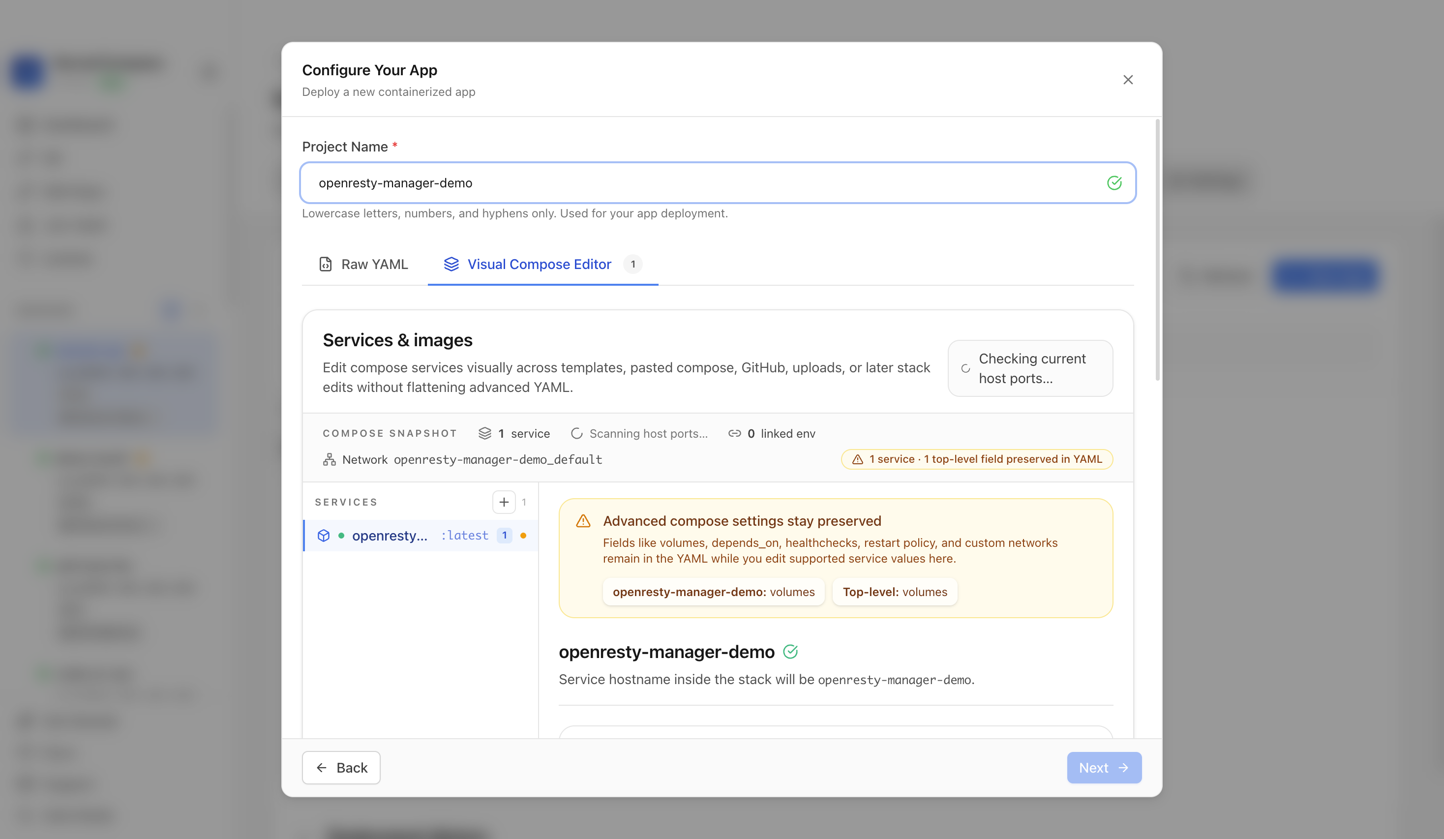 Reviewing OpenResty project settings and compose service
