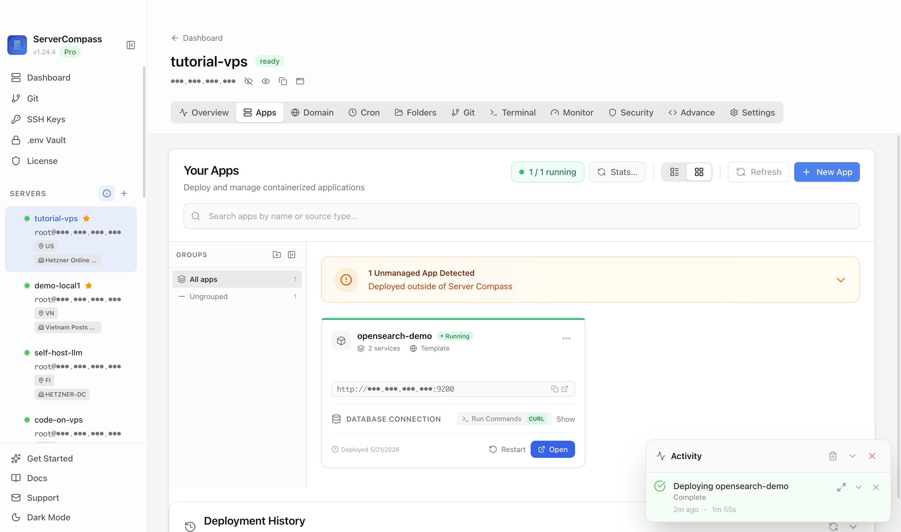 OpenSearch template running in the Server Compass Apps tab