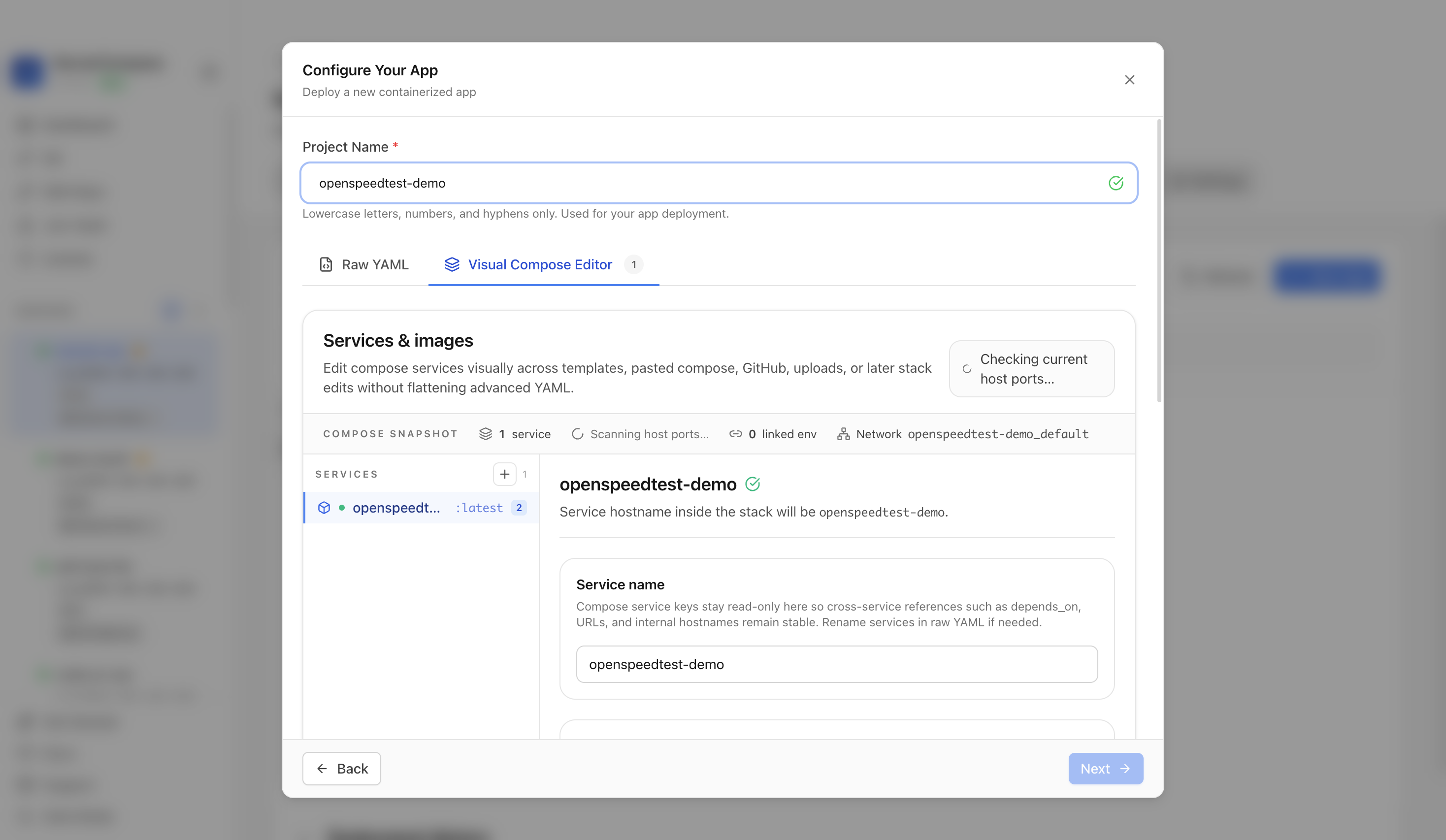 Reviewing OpenSpeedTest project settings and compose service