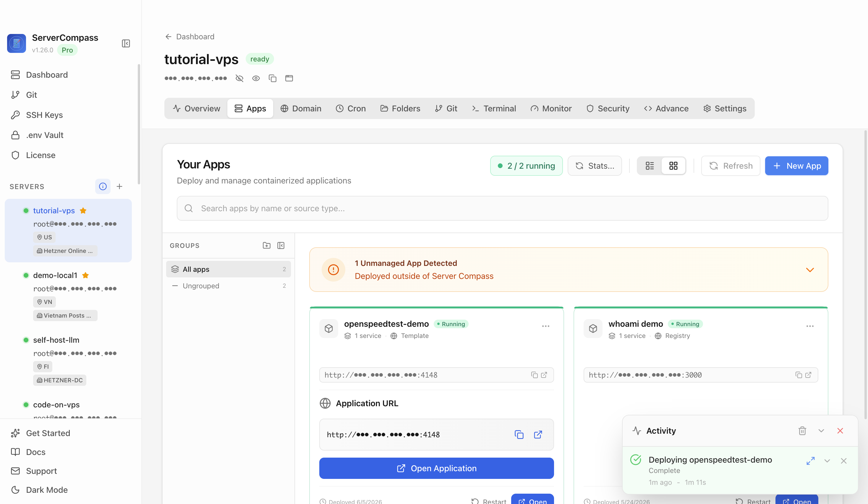 OpenSpeedTest template running in the Server Compass Apps tab