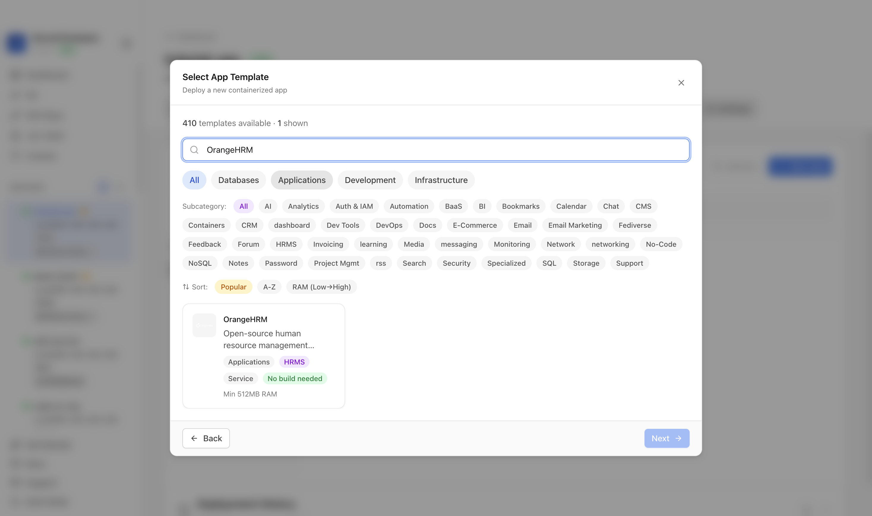 Searching for OrangeHRM in the Server Compass template picker