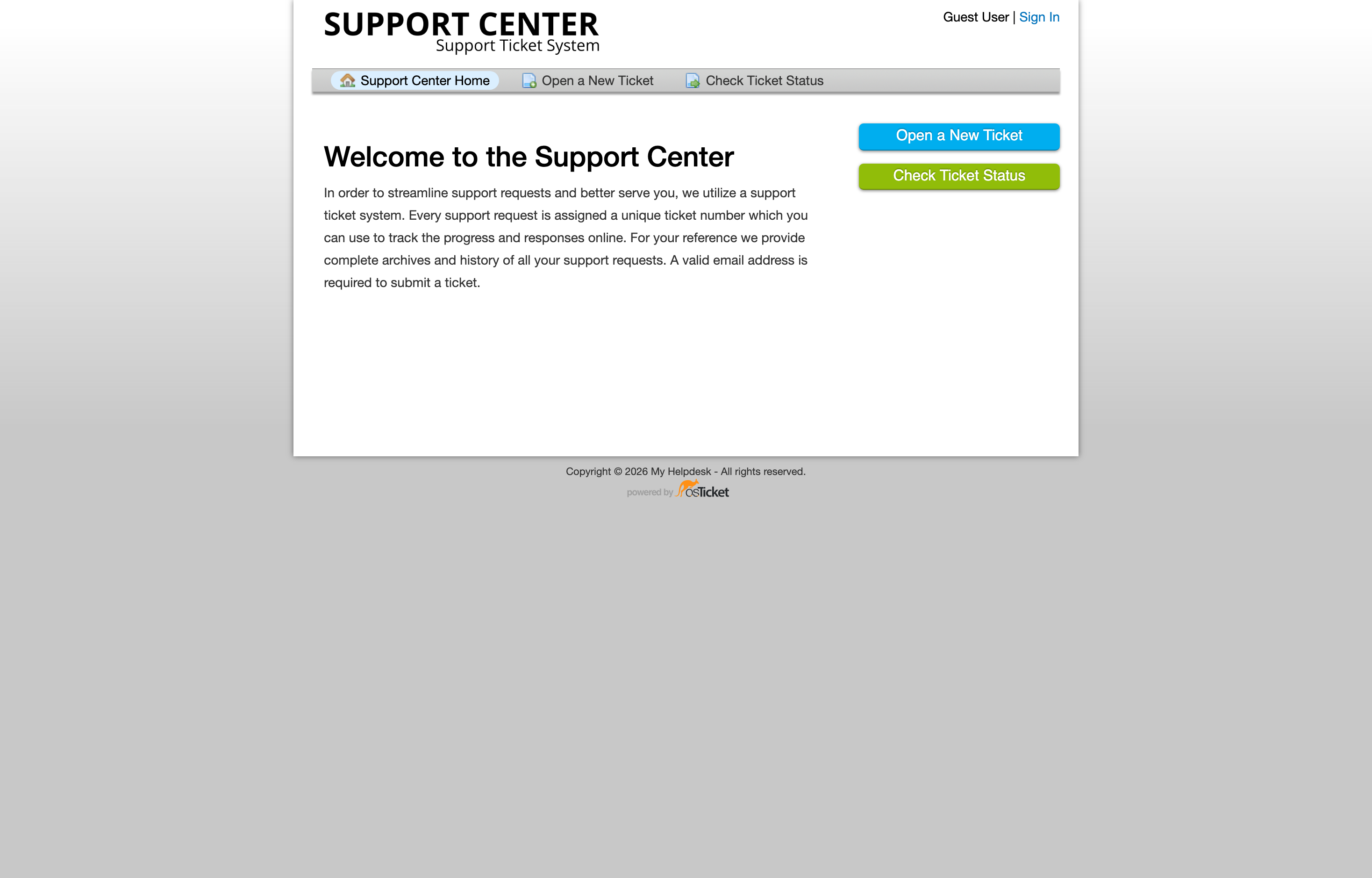 The deployed osTicket web UI loaded in a browser