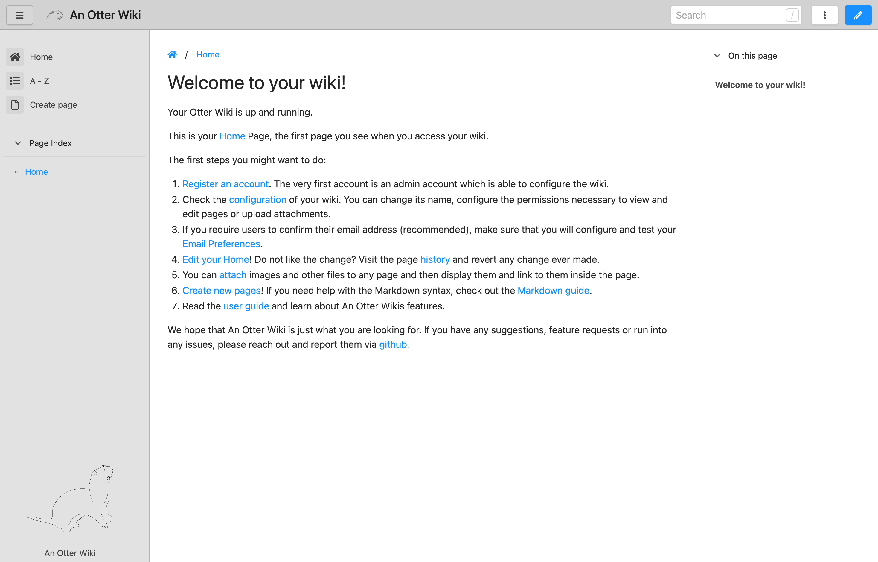 The deployed OtterWiki web UI loaded in a browser