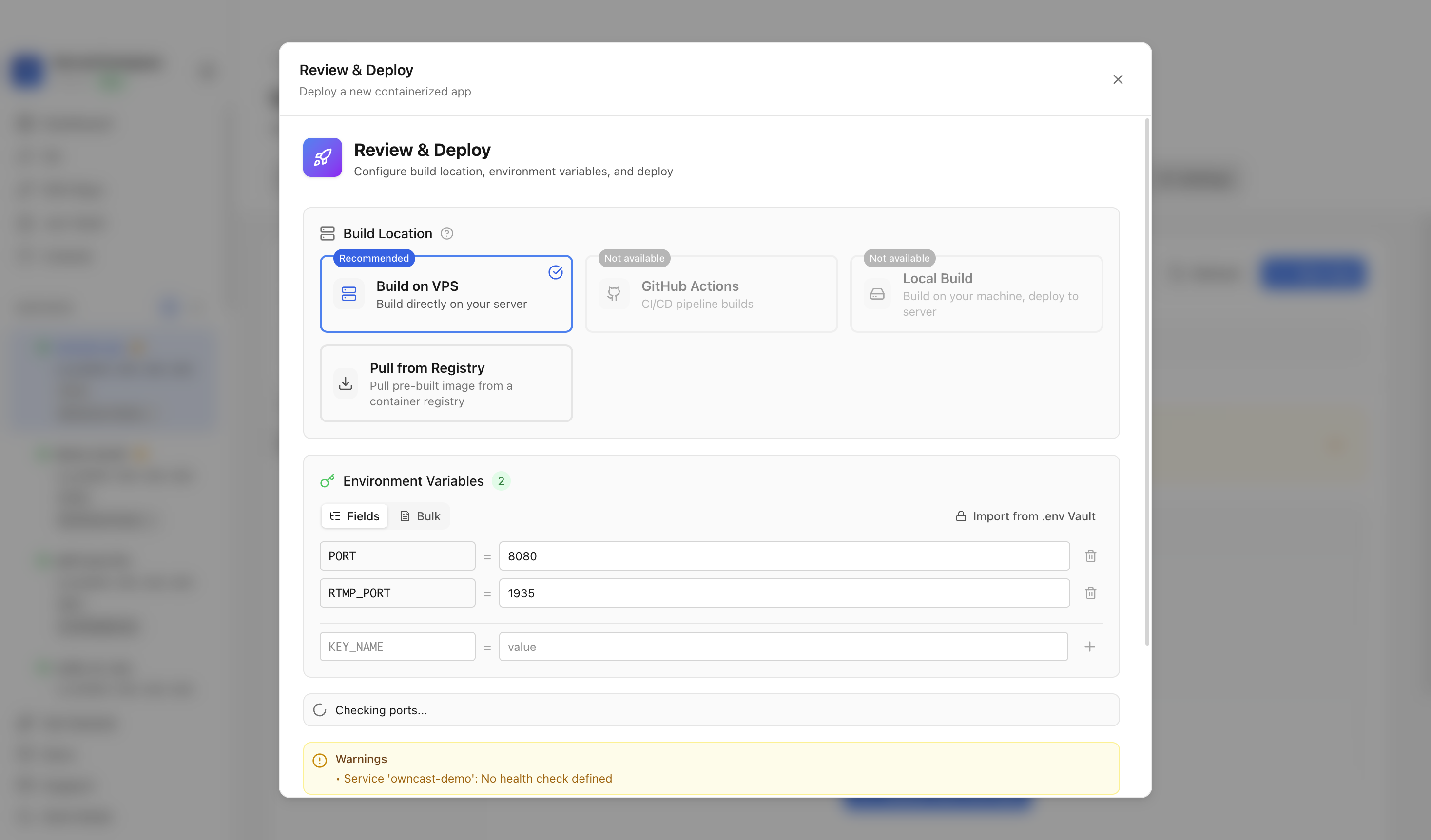 Reviewing Owncast environment variables and port before deployment