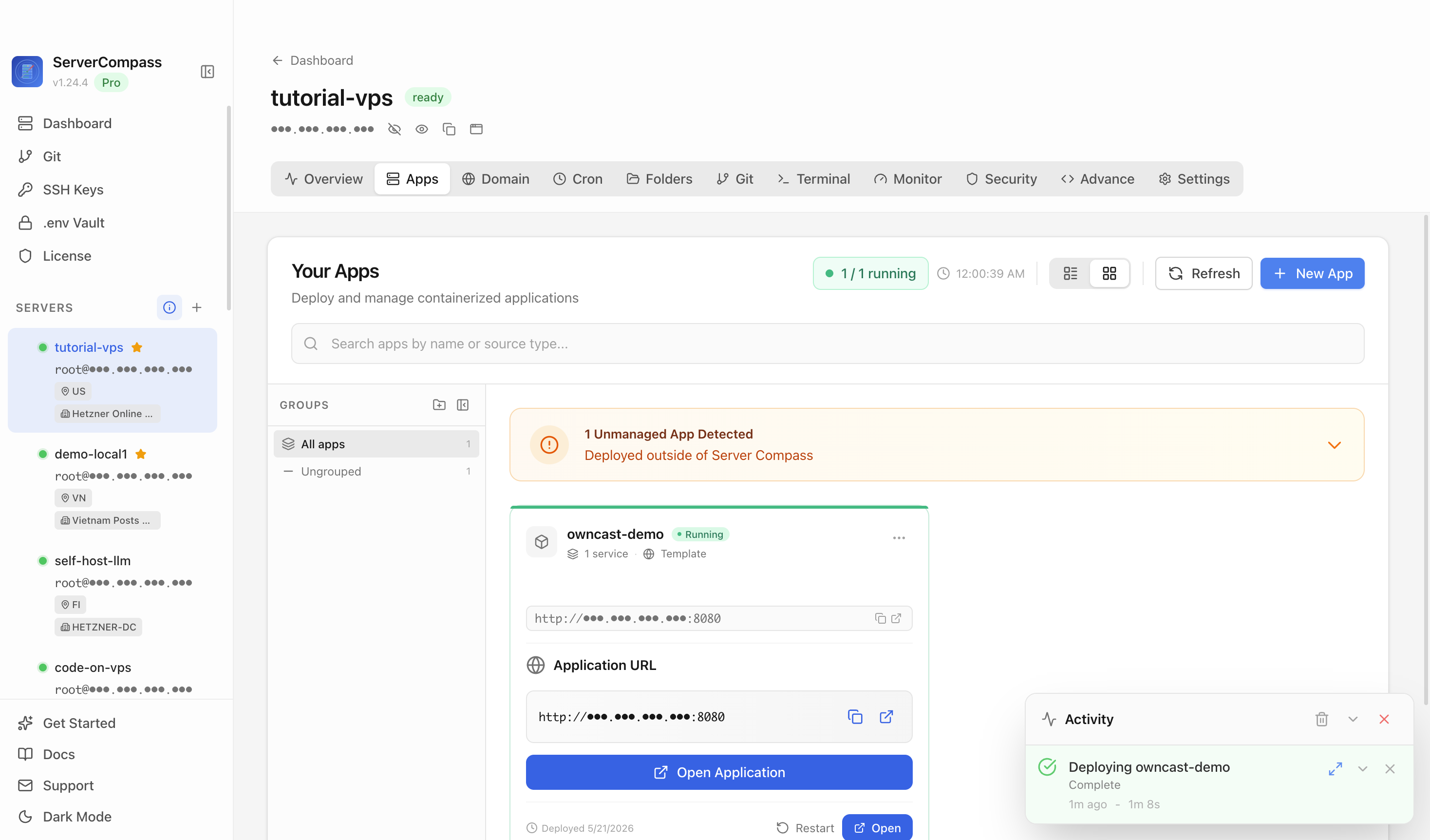 Owncast template running in the Server Compass Apps tab