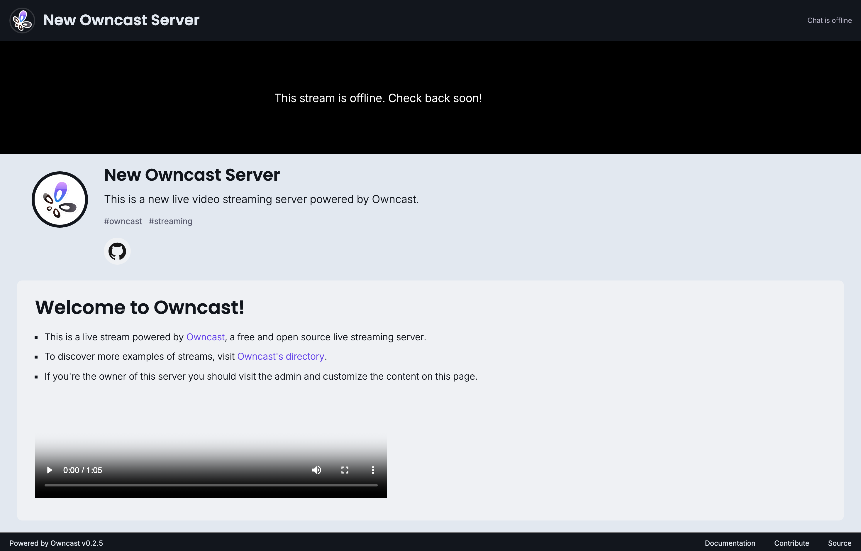 The deployed Owncast web UI loaded in a browser