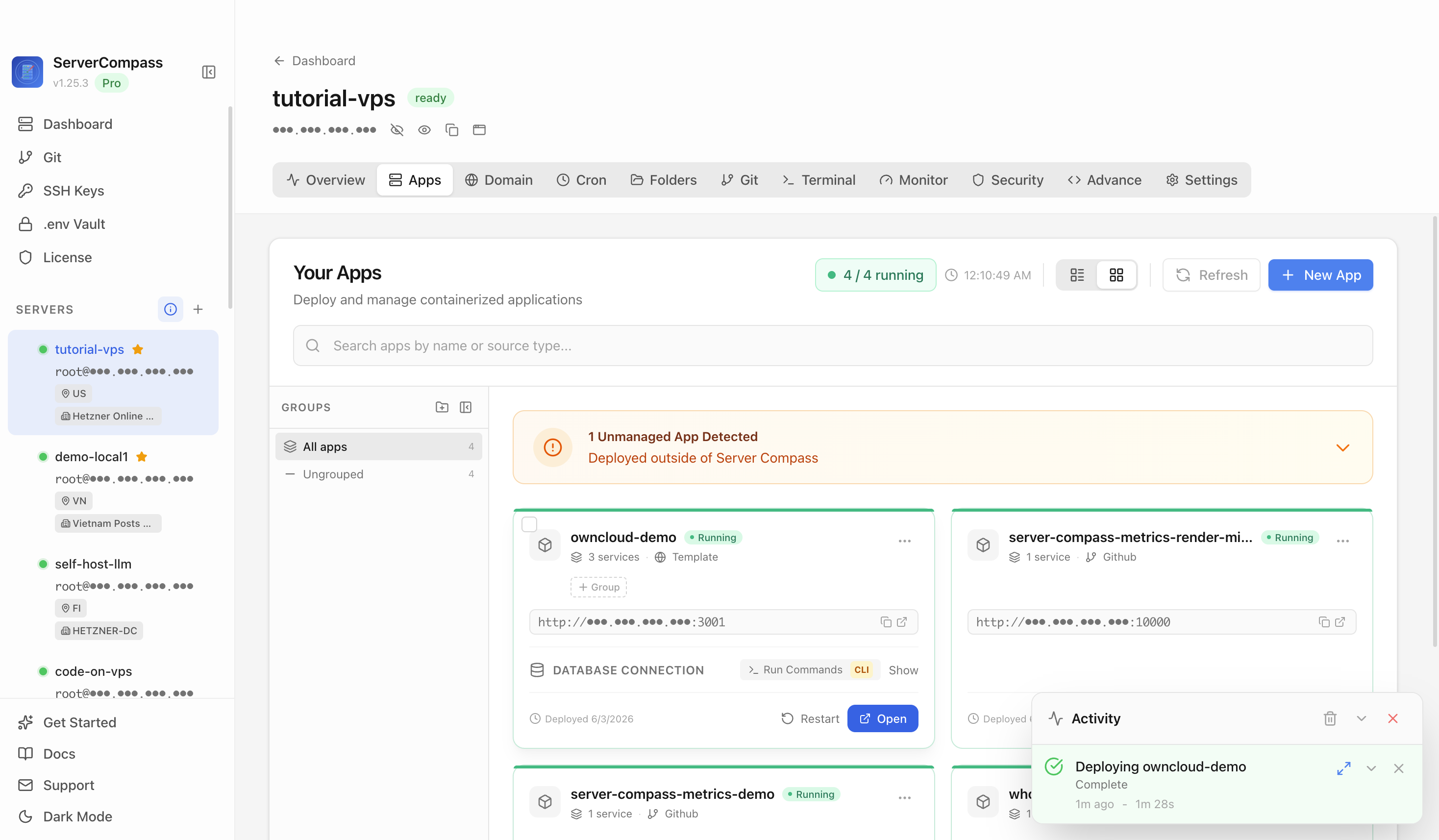 ownCloud template running in the Server Compass Apps tab