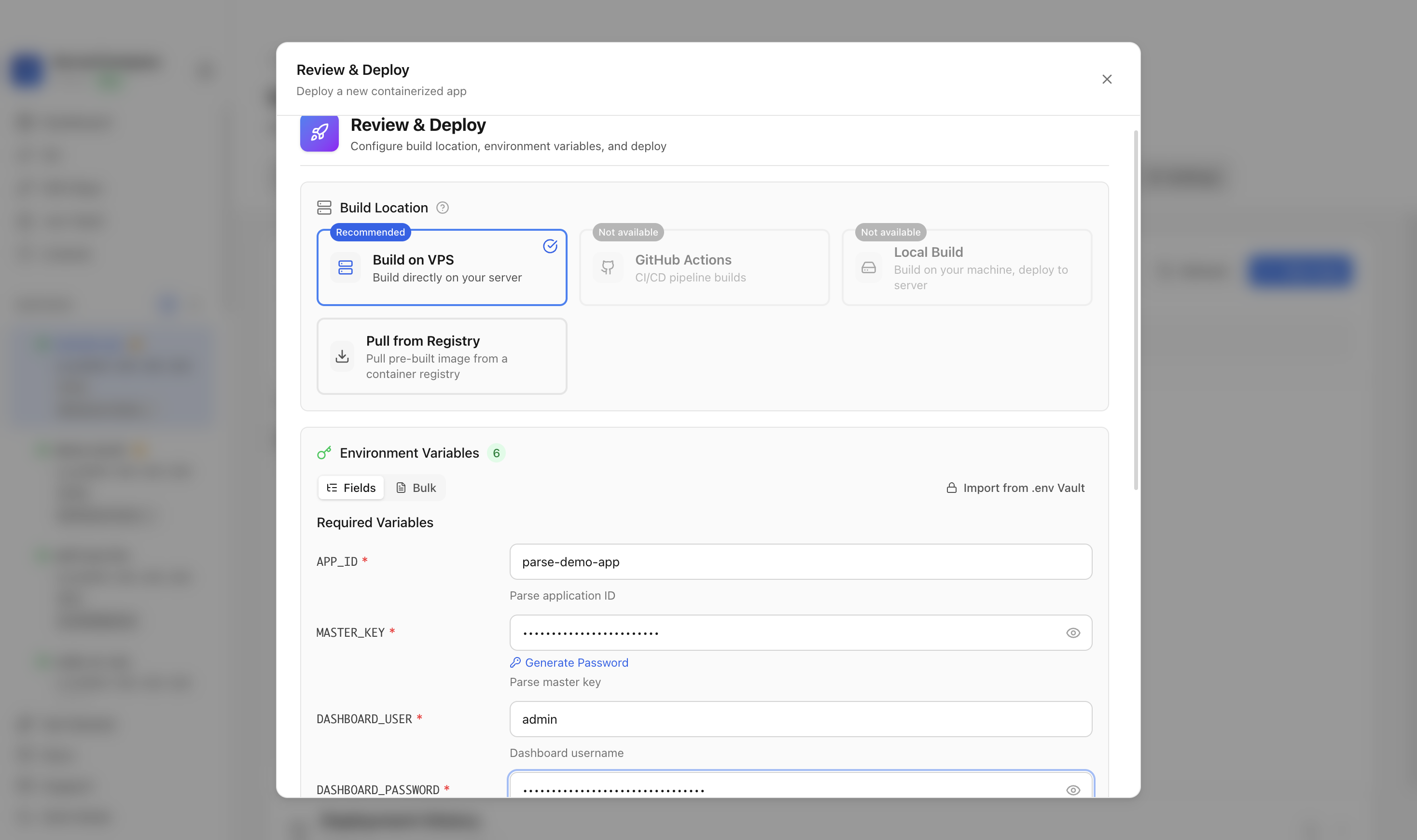 Reviewing Parse Server environment variables and port before deployment