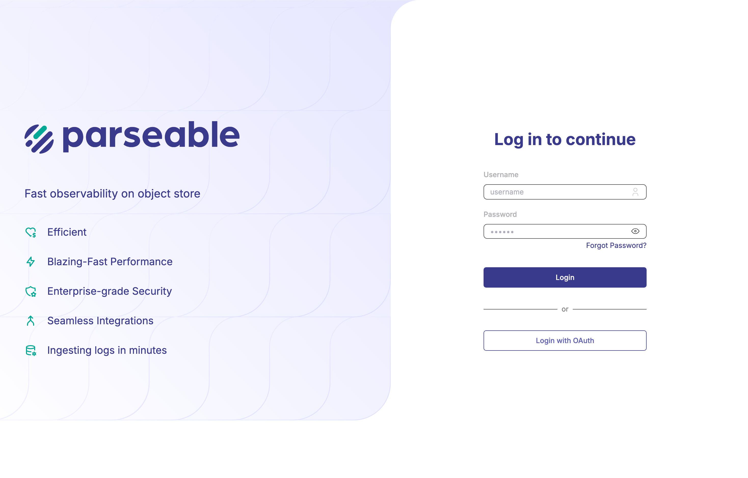 The deployed Parseable web UI loaded in a browser