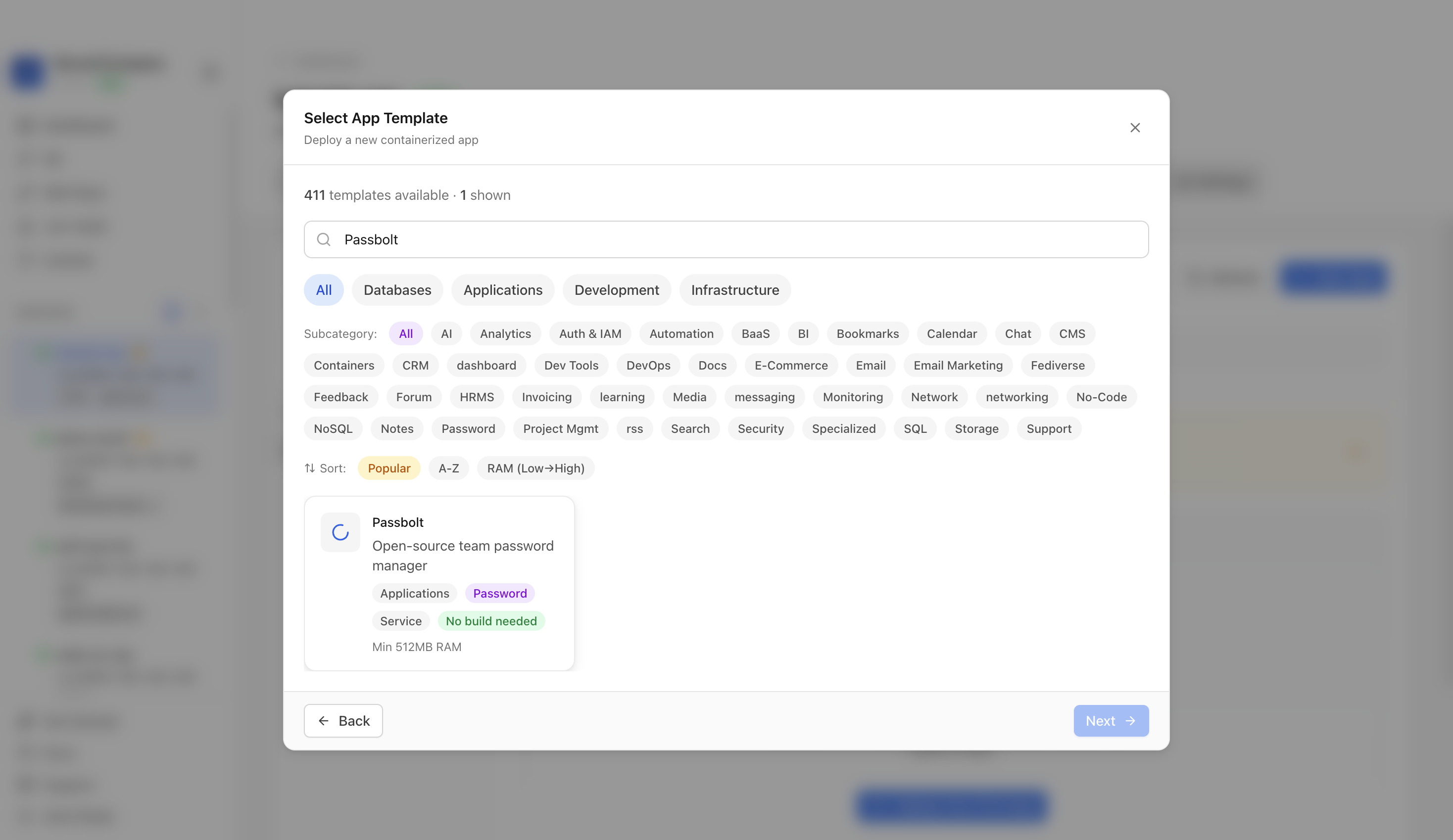 Passbolt template selected in Server Compass