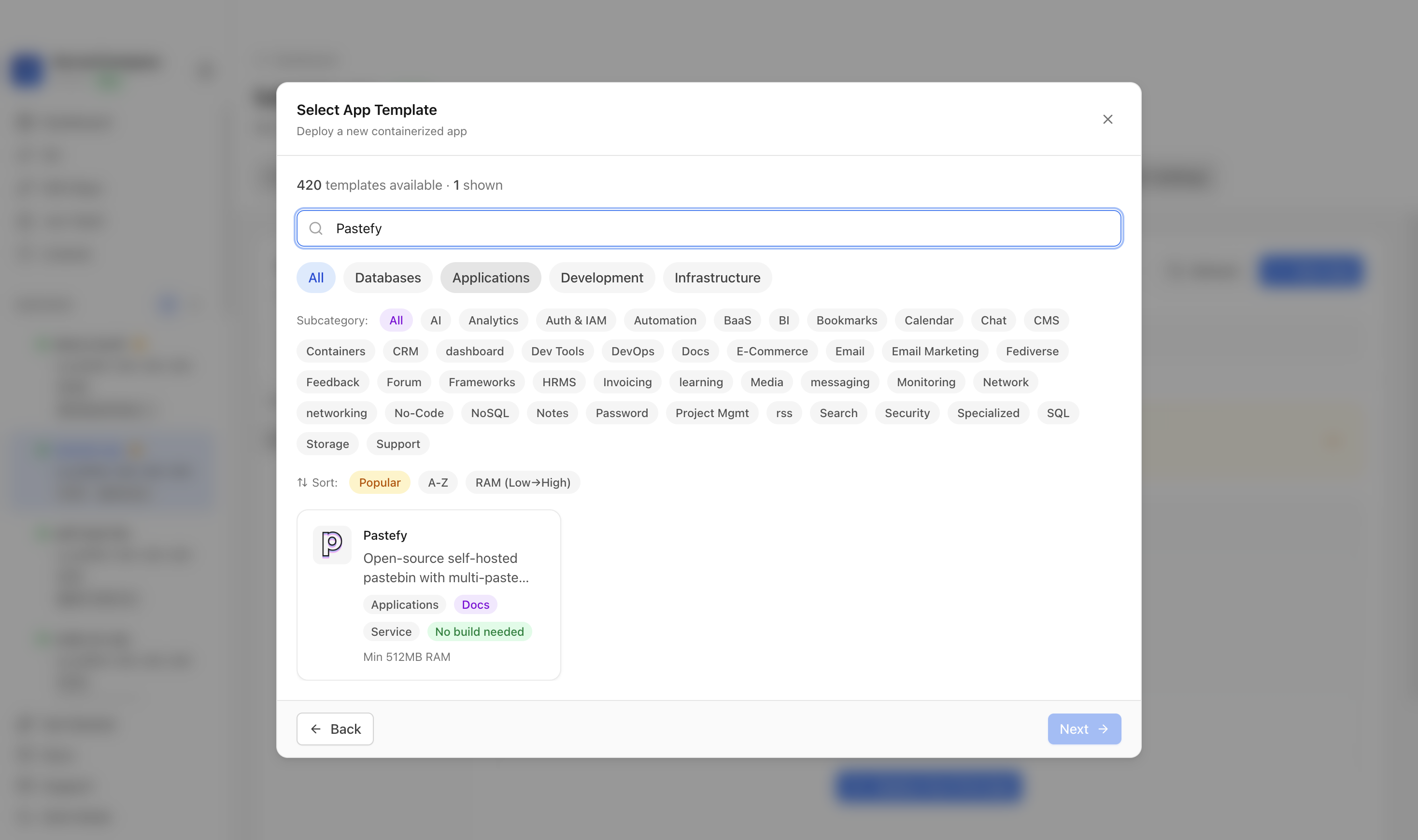 Searching for Pastefy in the Server Compass template picker