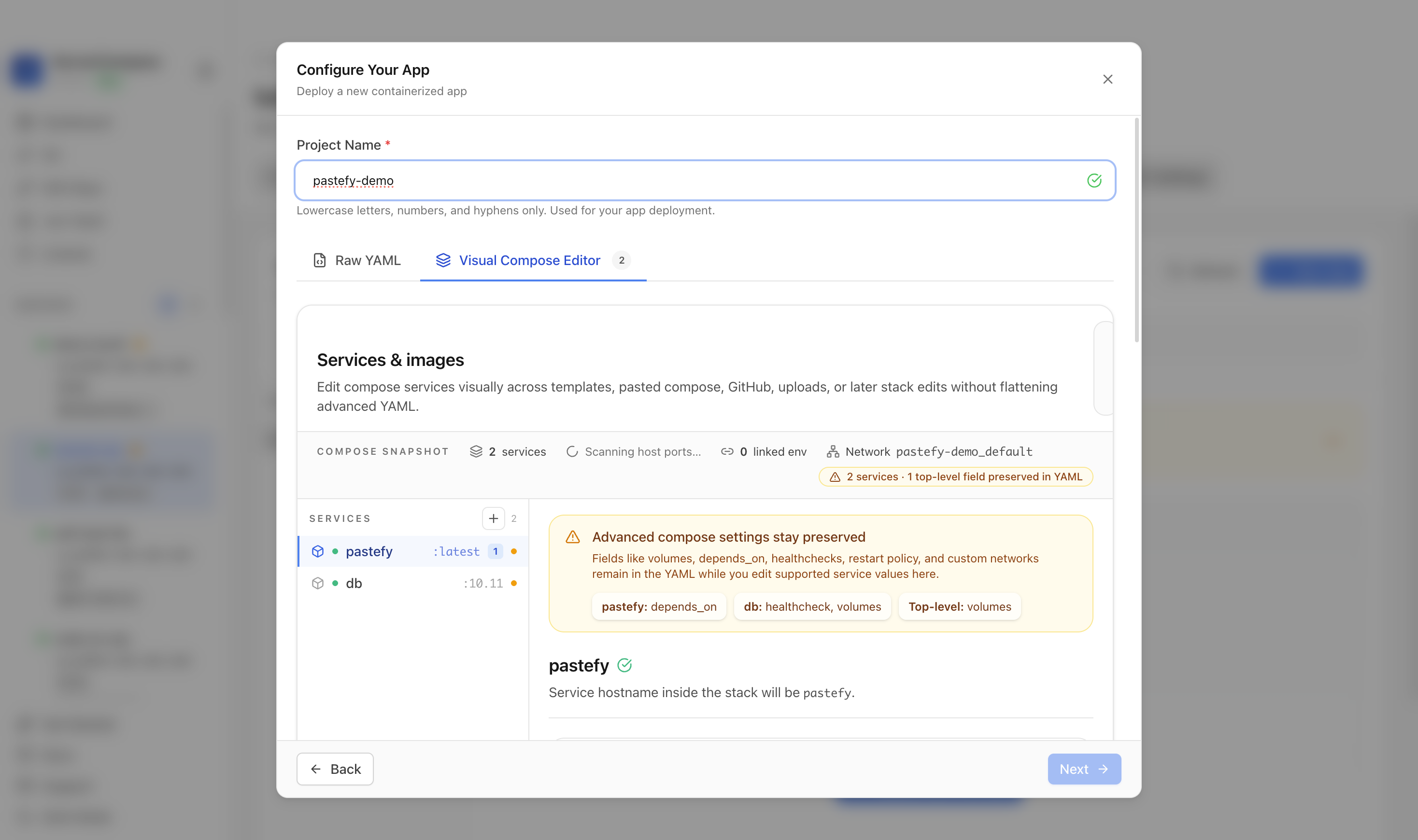 Reviewing Pastefy project settings and compose services