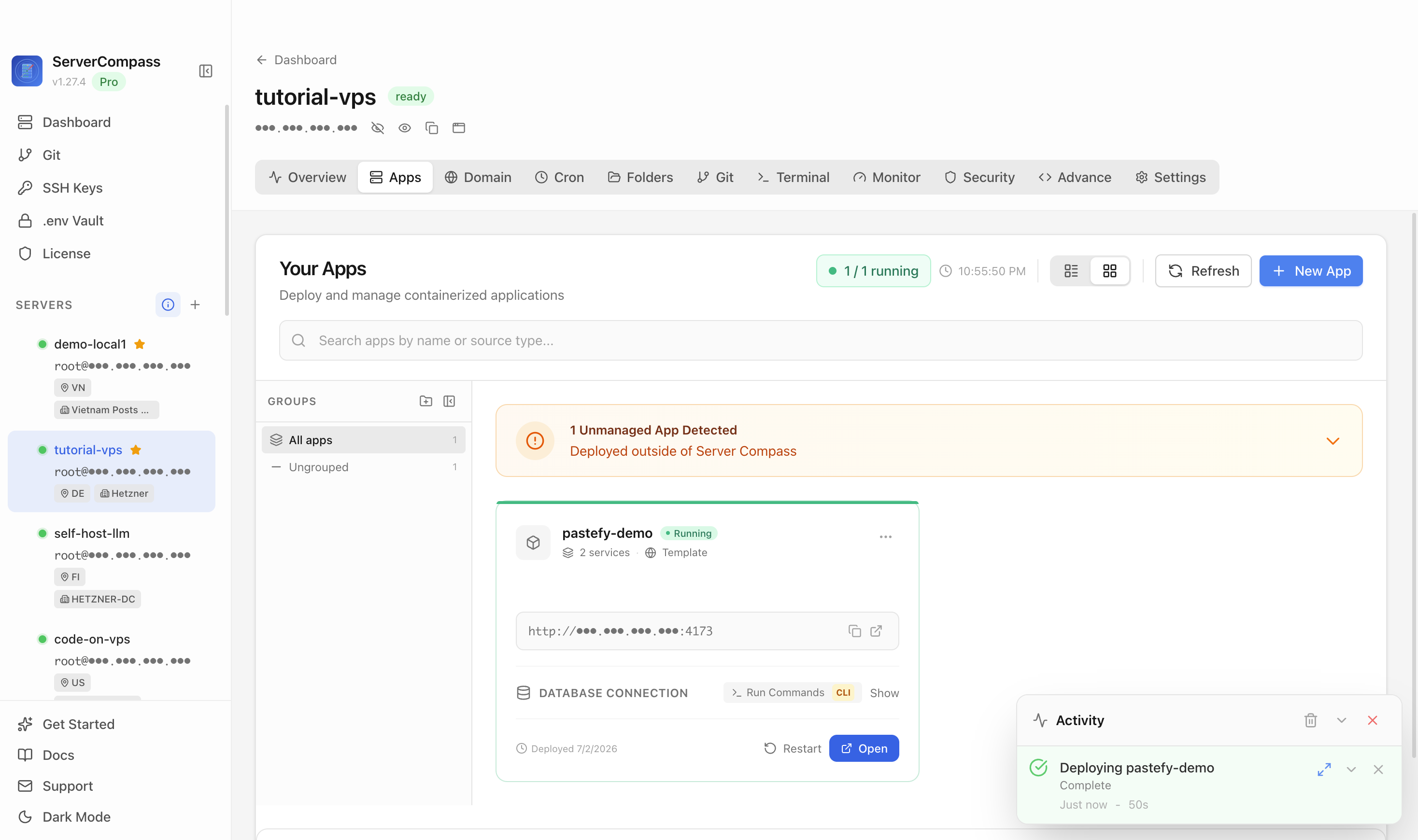 Pastefy template running in the Server Compass Apps tab