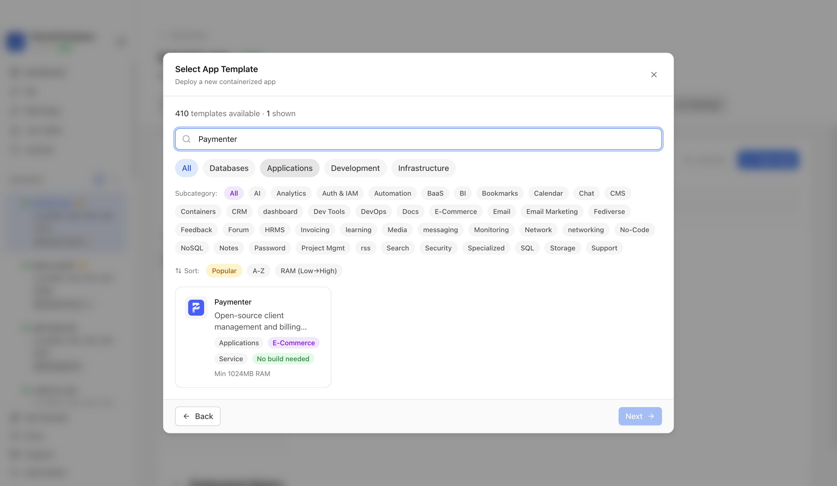 Searching for Paymenter in the Server Compass template picker