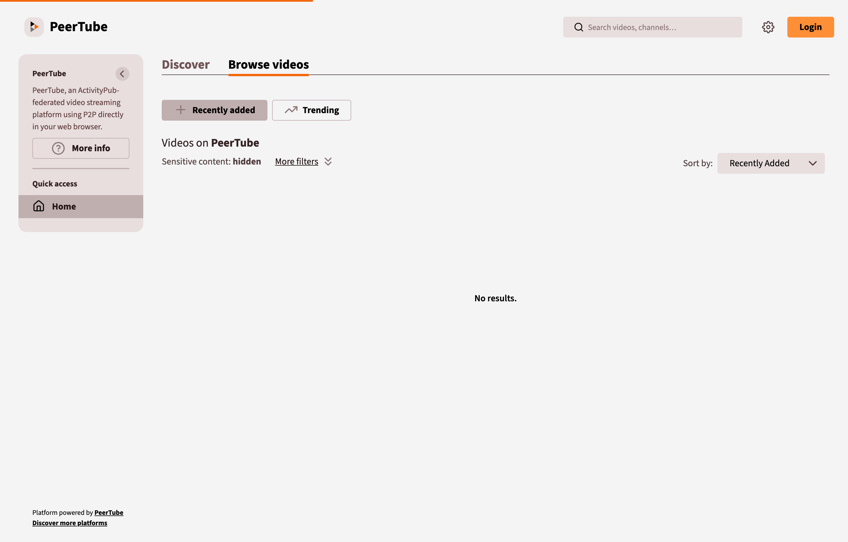 The deployed PeerTube homepage loaded in a browser