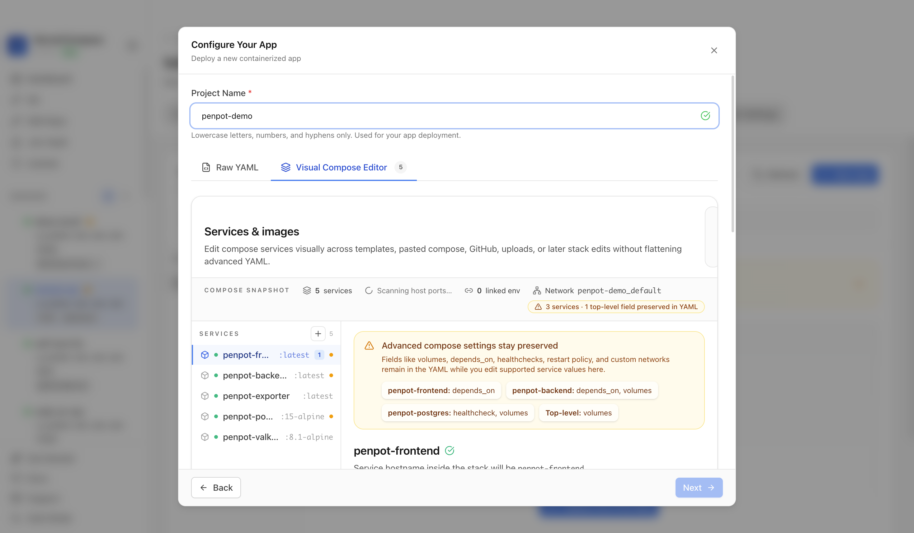 Reviewing Penpot project settings and compose services