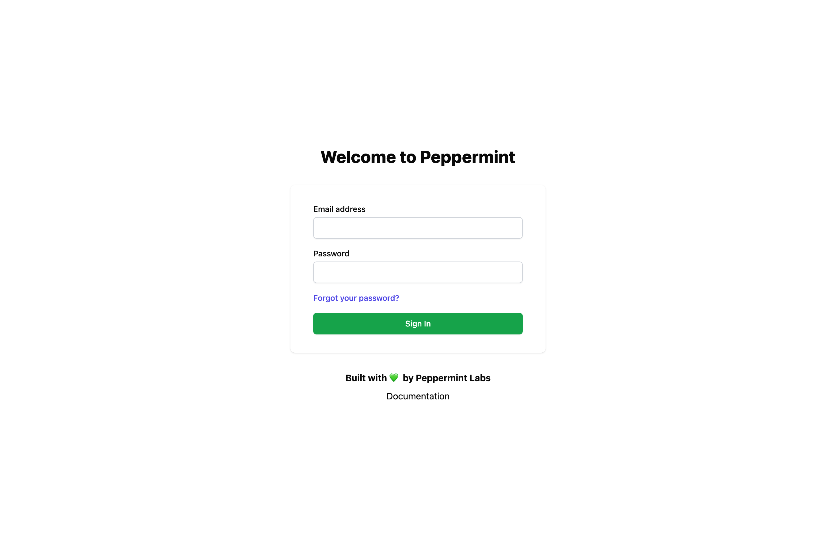 The deployed Peppermint web UI loaded in a browser