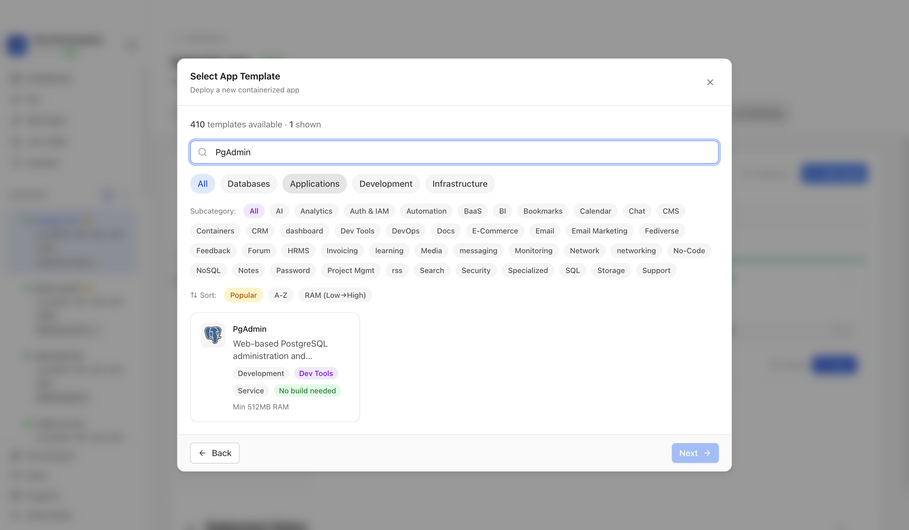 Searching for PgAdmin in the Server Compass template picker