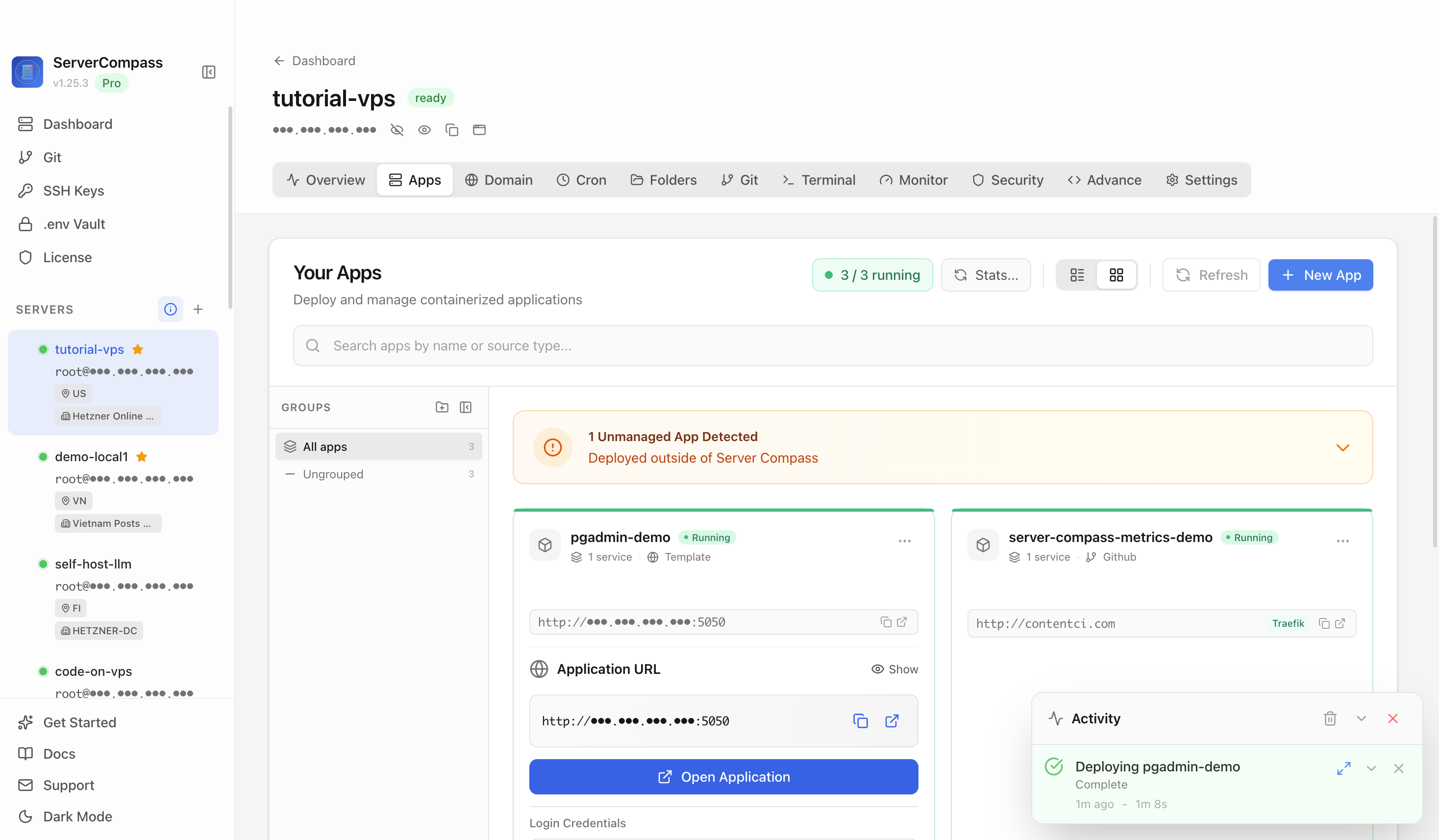 PgAdmin template running in the Server Compass Apps tab