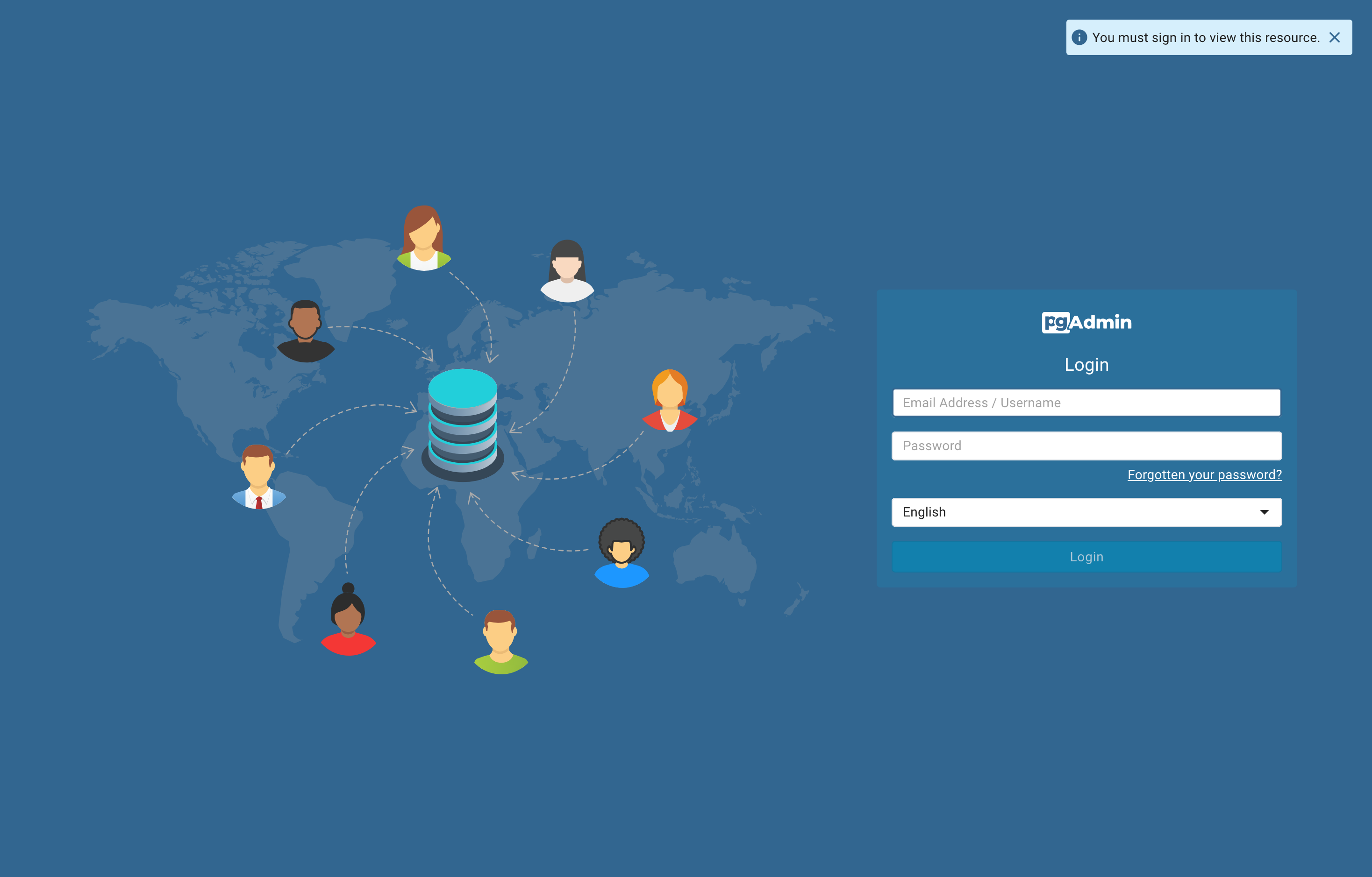 The deployed PgAdmin login screen loaded in a browser