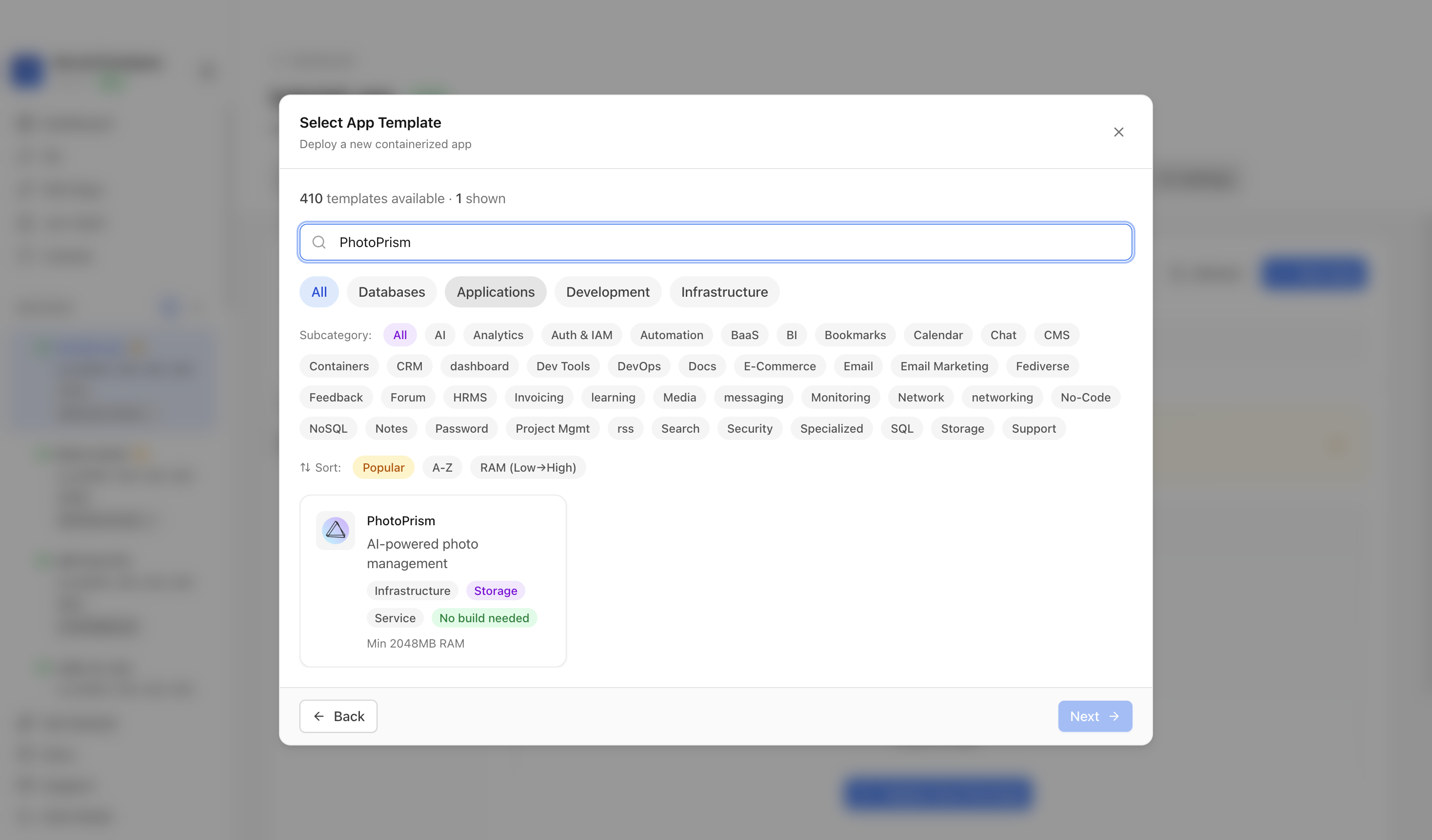 Searching for PhotoPrism in the Server Compass template picker