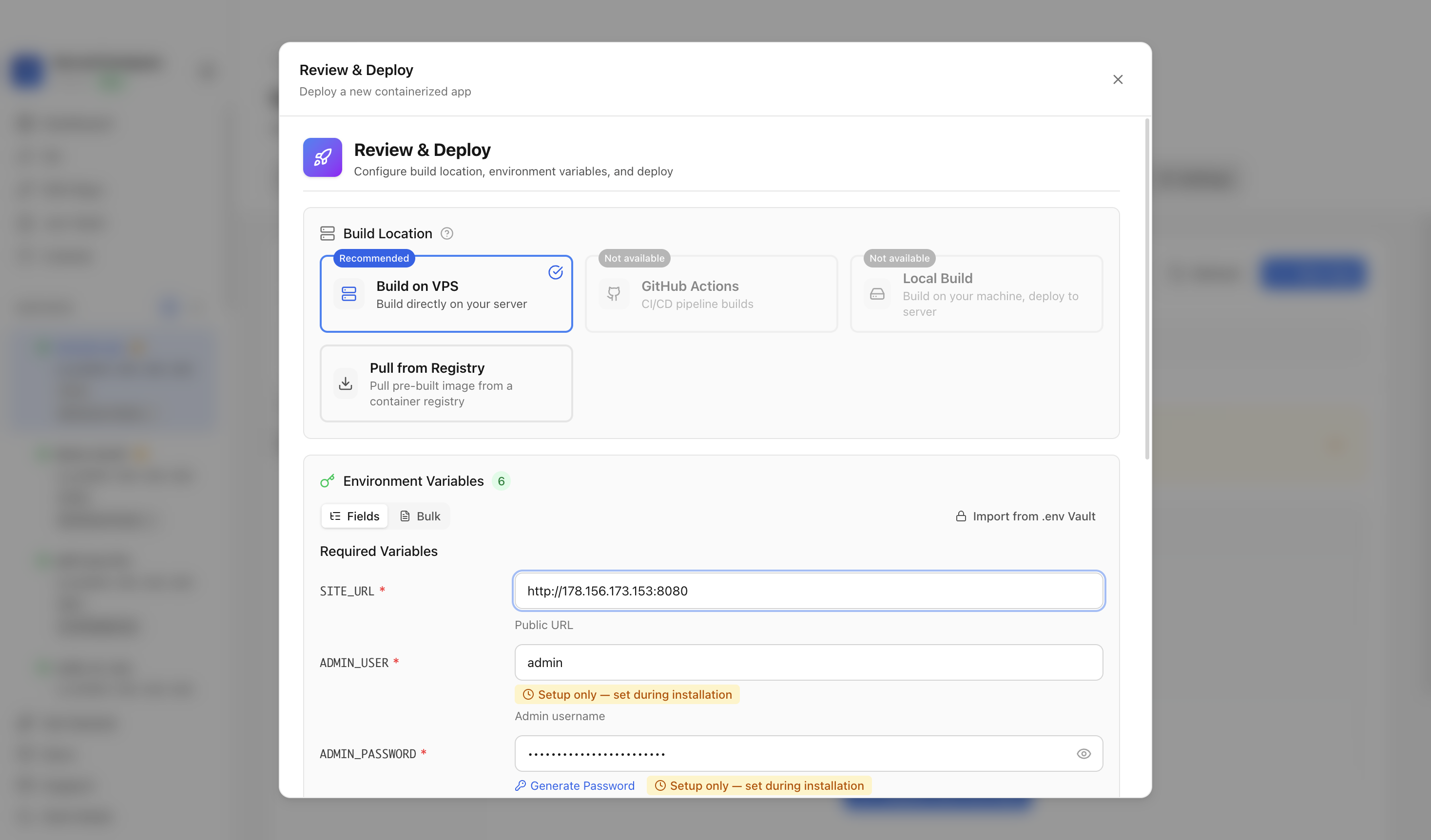Reviewing PhotoPrism server URL and port before deployment