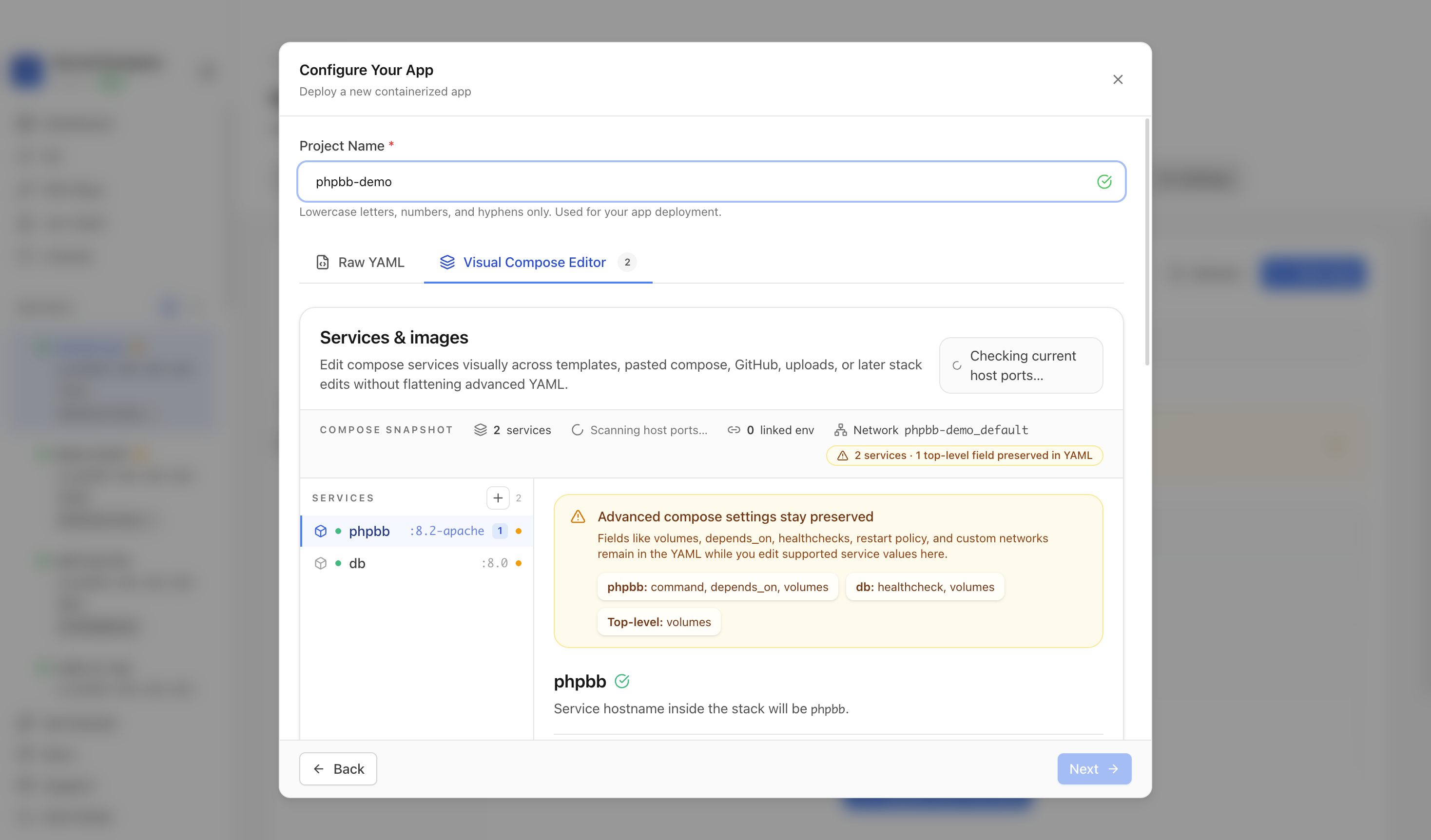Reviewing phpBB project settings and compose services