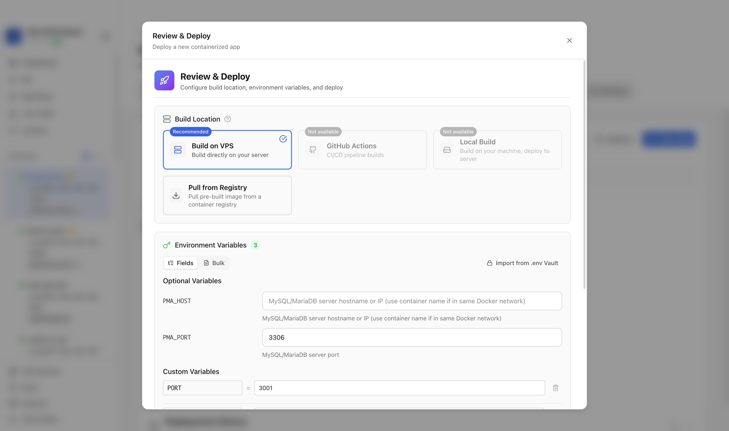 Reviewing phpMyAdmin environment variables and port before deployment