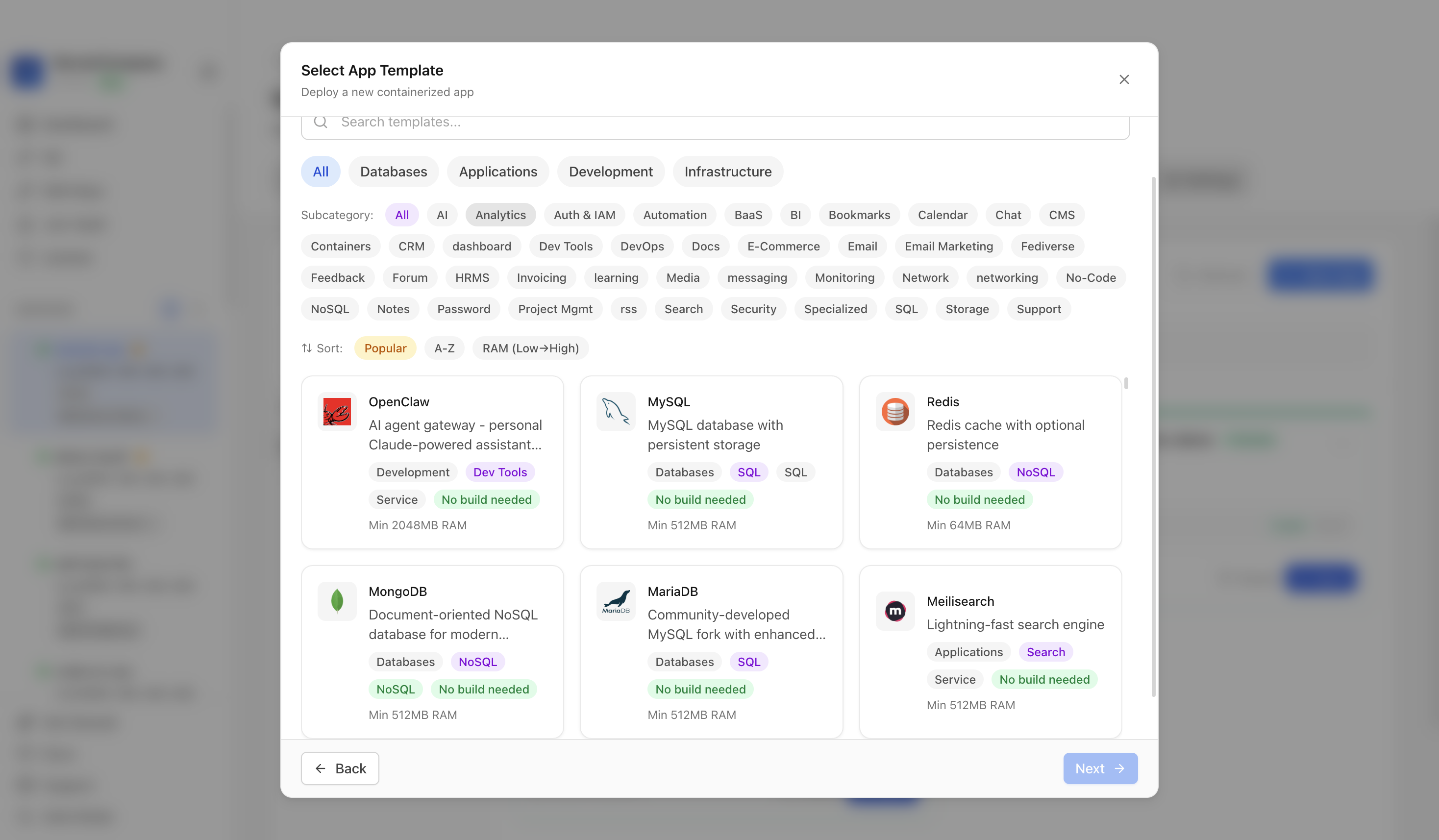 Choosing to deploy an app from a Server Compass template
