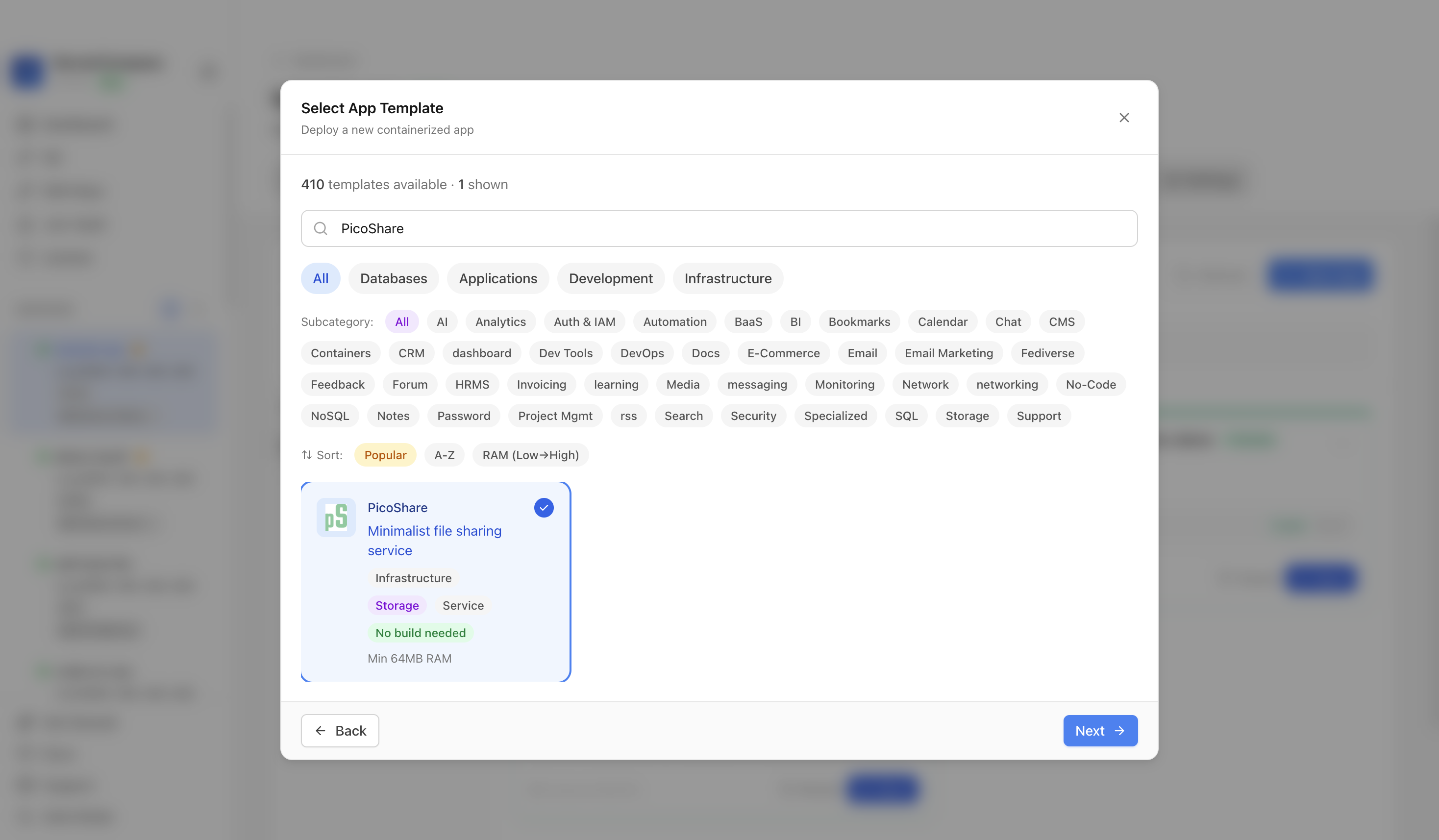 PicoShare template selected in Server Compass