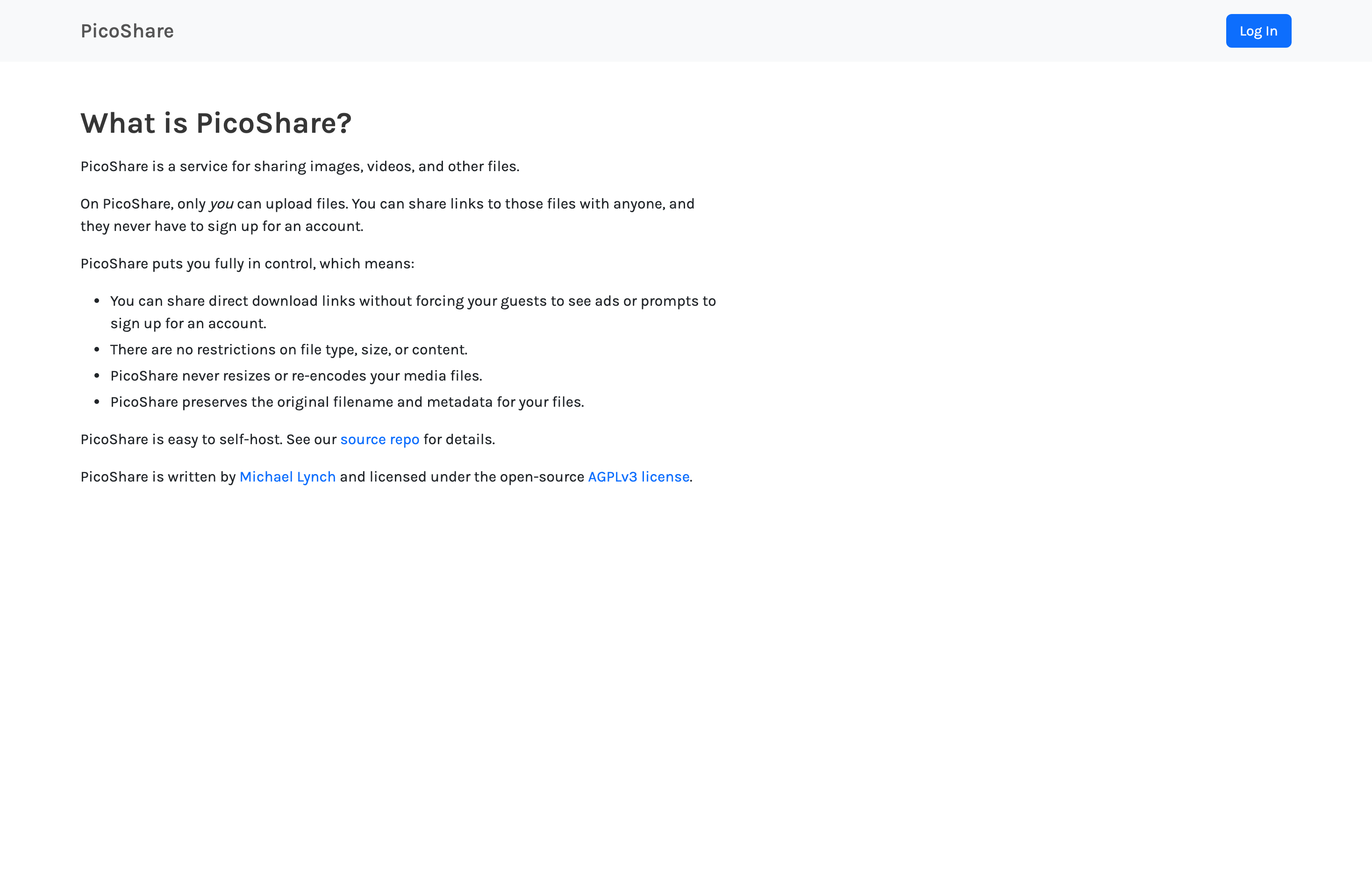 The deployed PicoShare web UI loaded in a browser