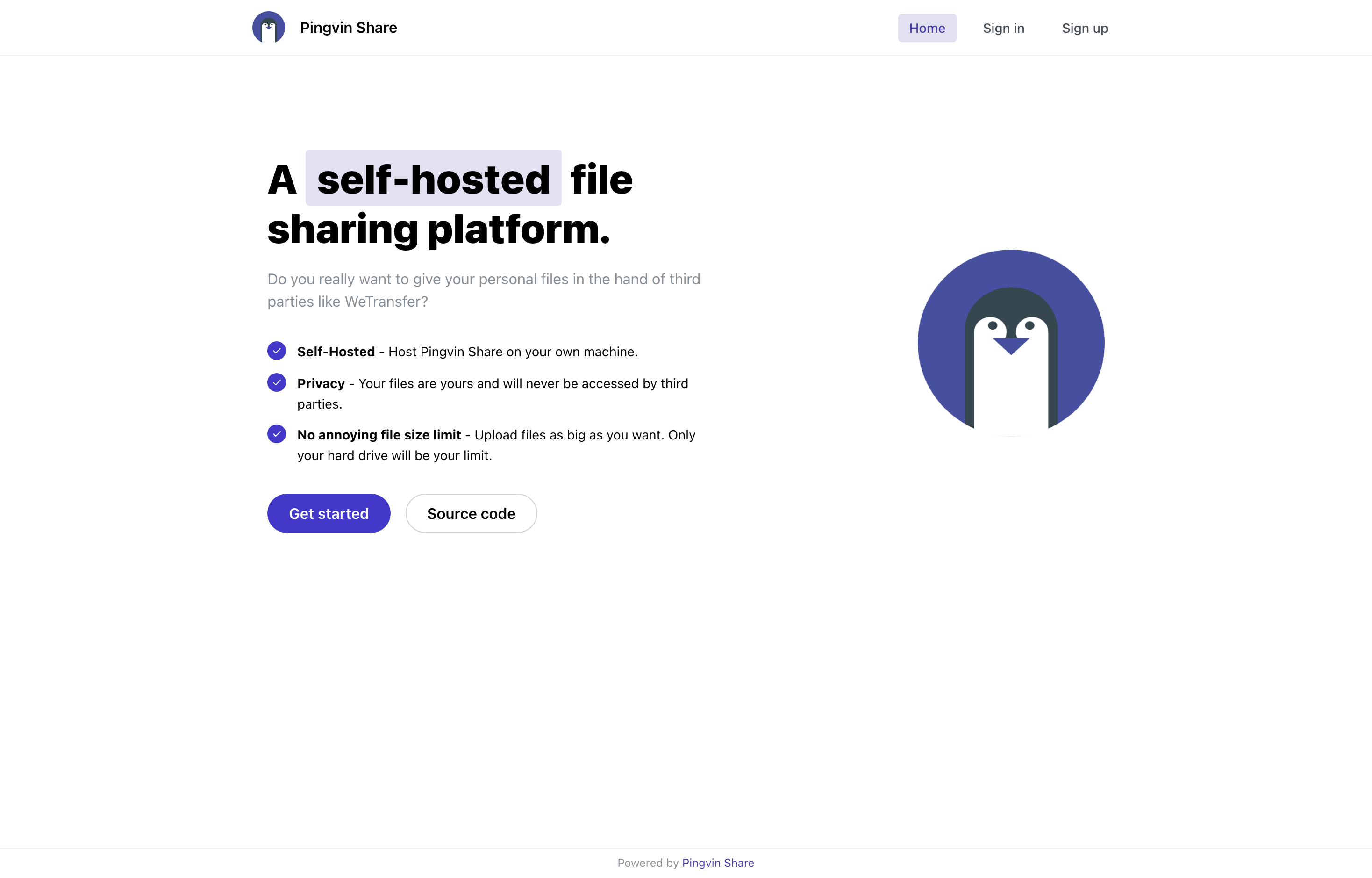 The deployed PingvinShare web UI loaded in a browser