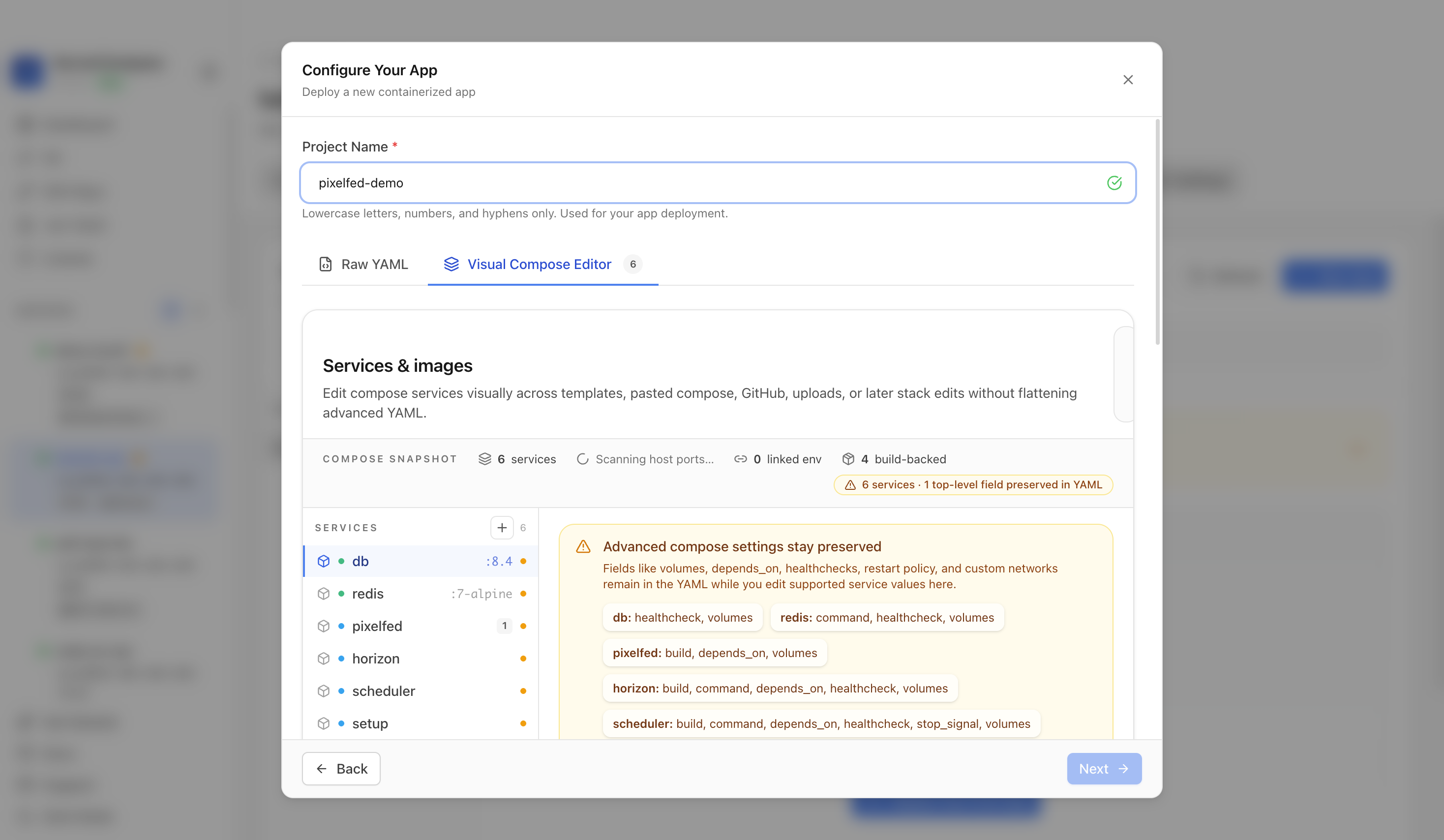Reviewing Pixelfed project settings and compose services