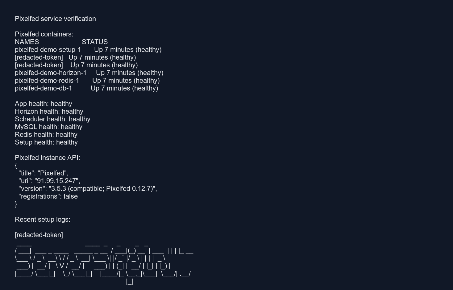 Pixelfed service verification output showing healthy containers and instance API metadata