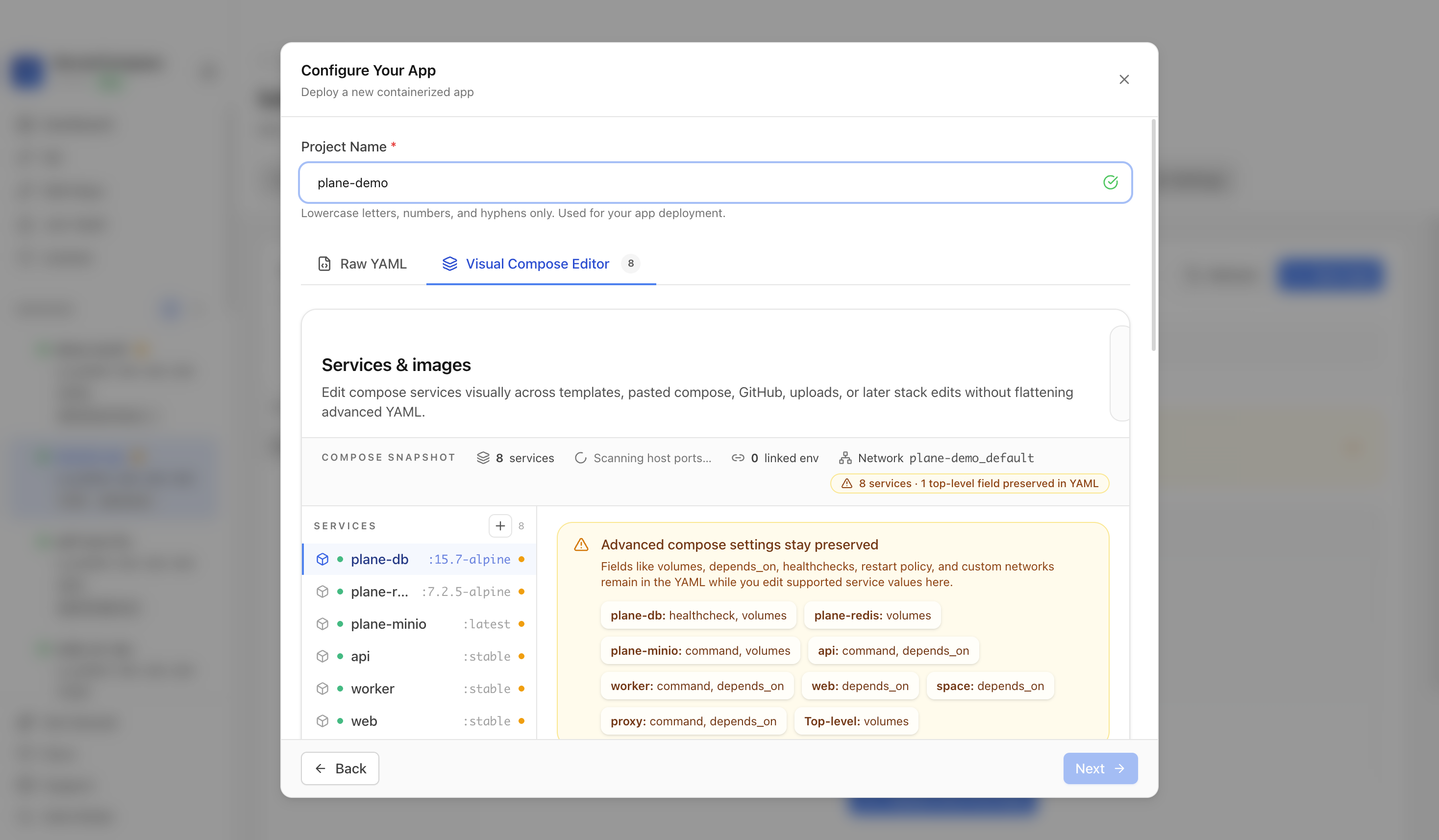 Reviewing Plane project settings and compose service